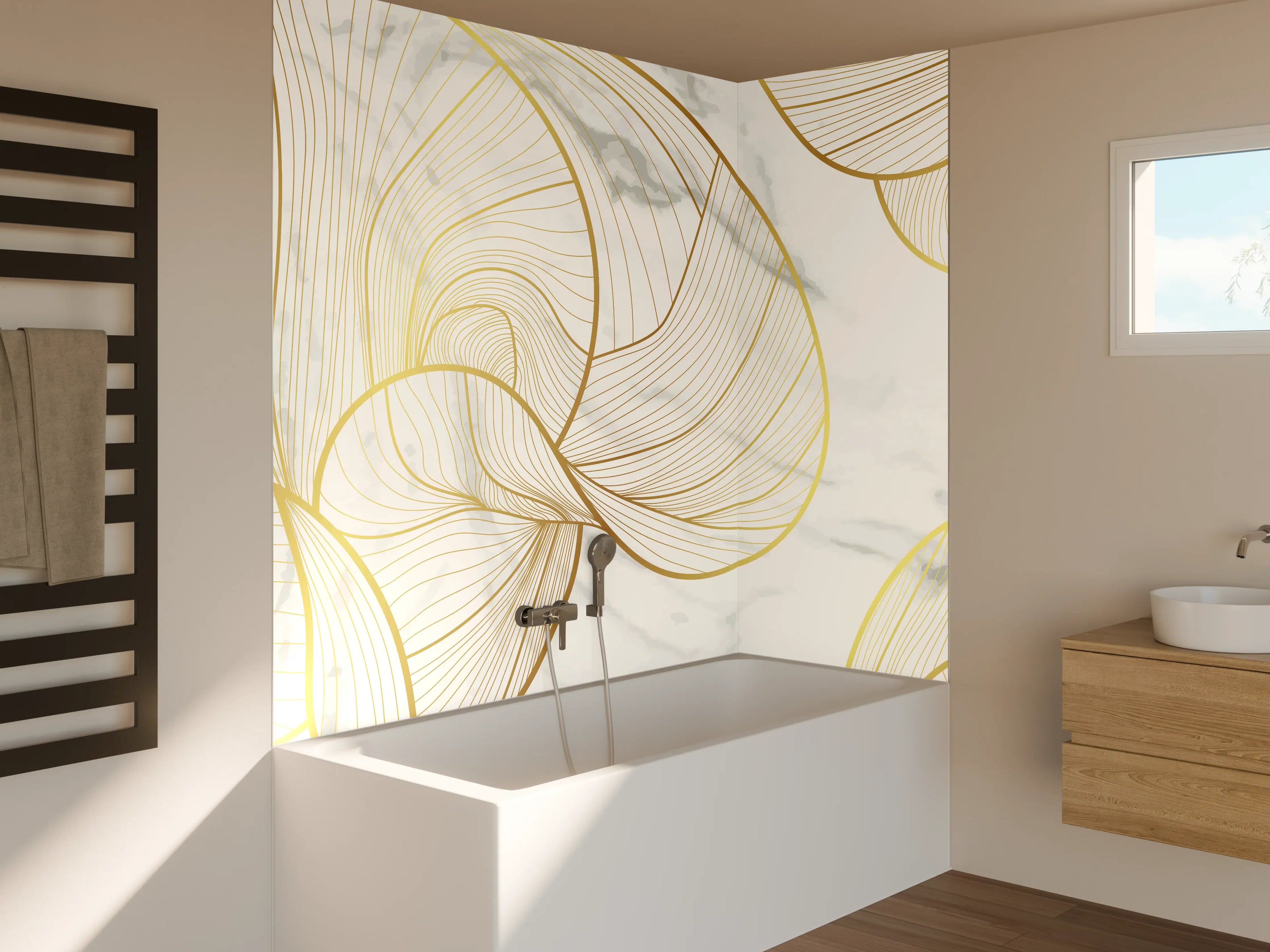 Badewannen-Rückwand - Goldene Linien auf Marmor