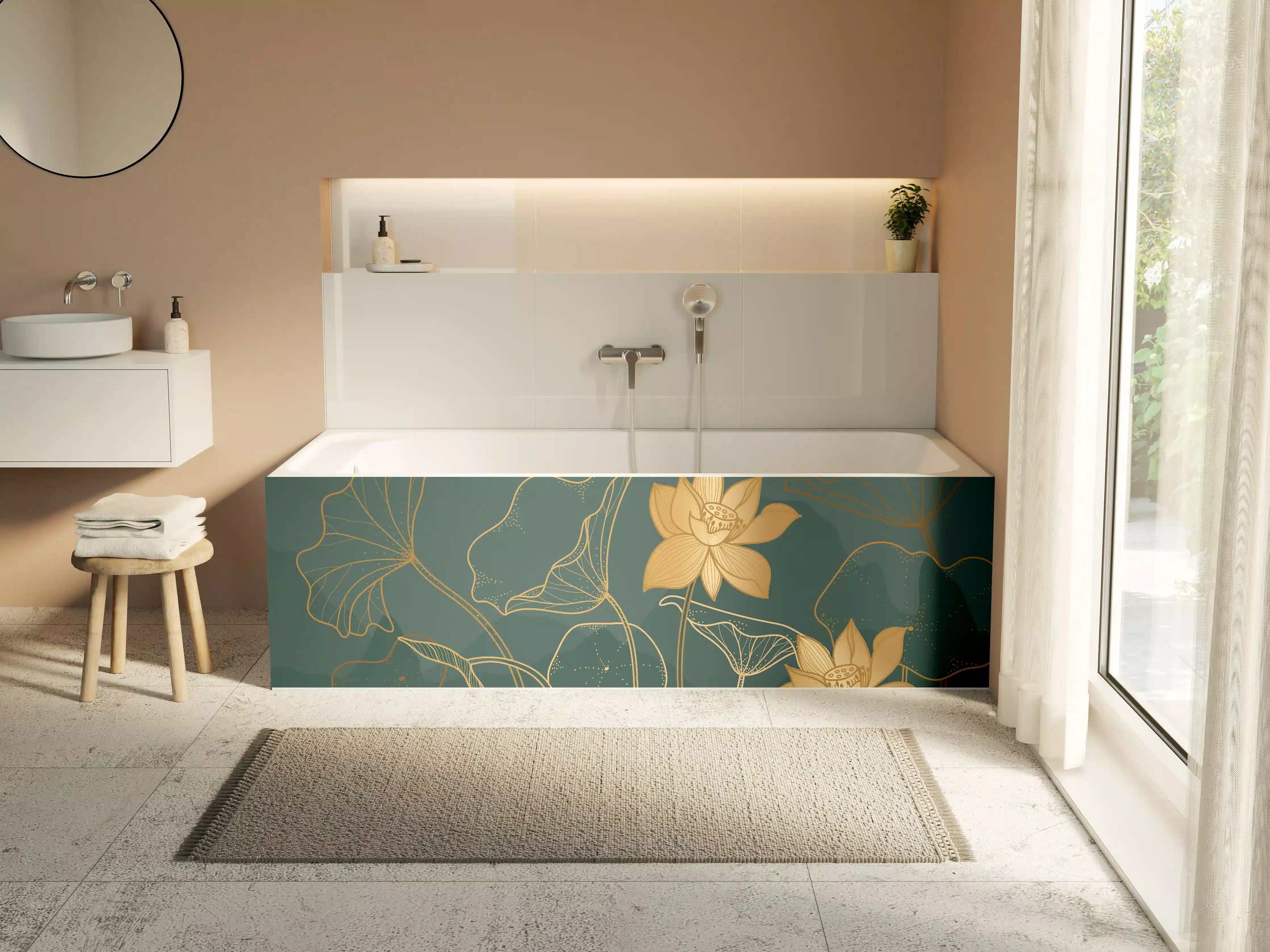 Badewannen-Rückwand - Goldene Lotus Linienzeichnung