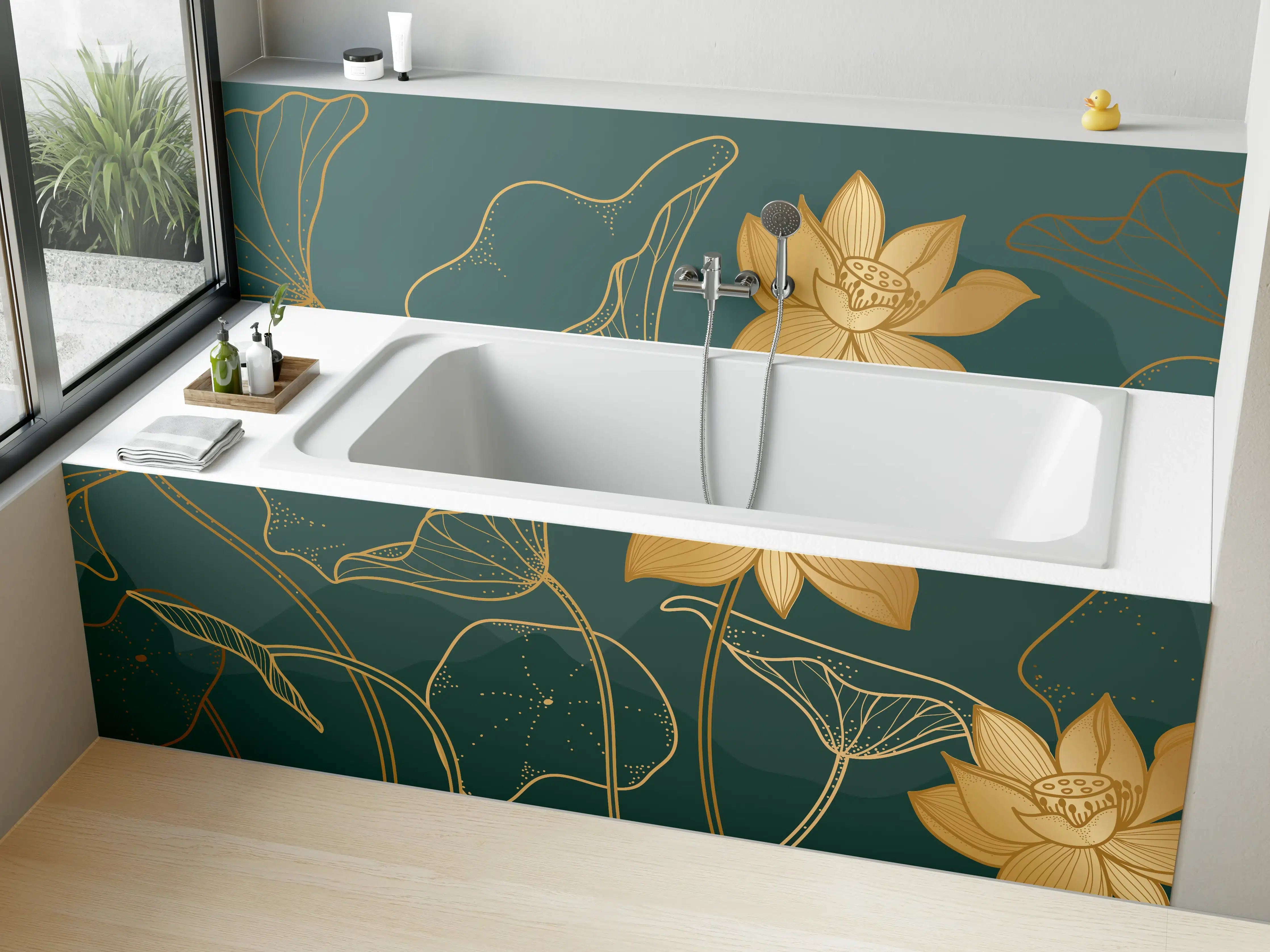Badewannen-Rückwand - Goldene Lotus Linienzeichnung