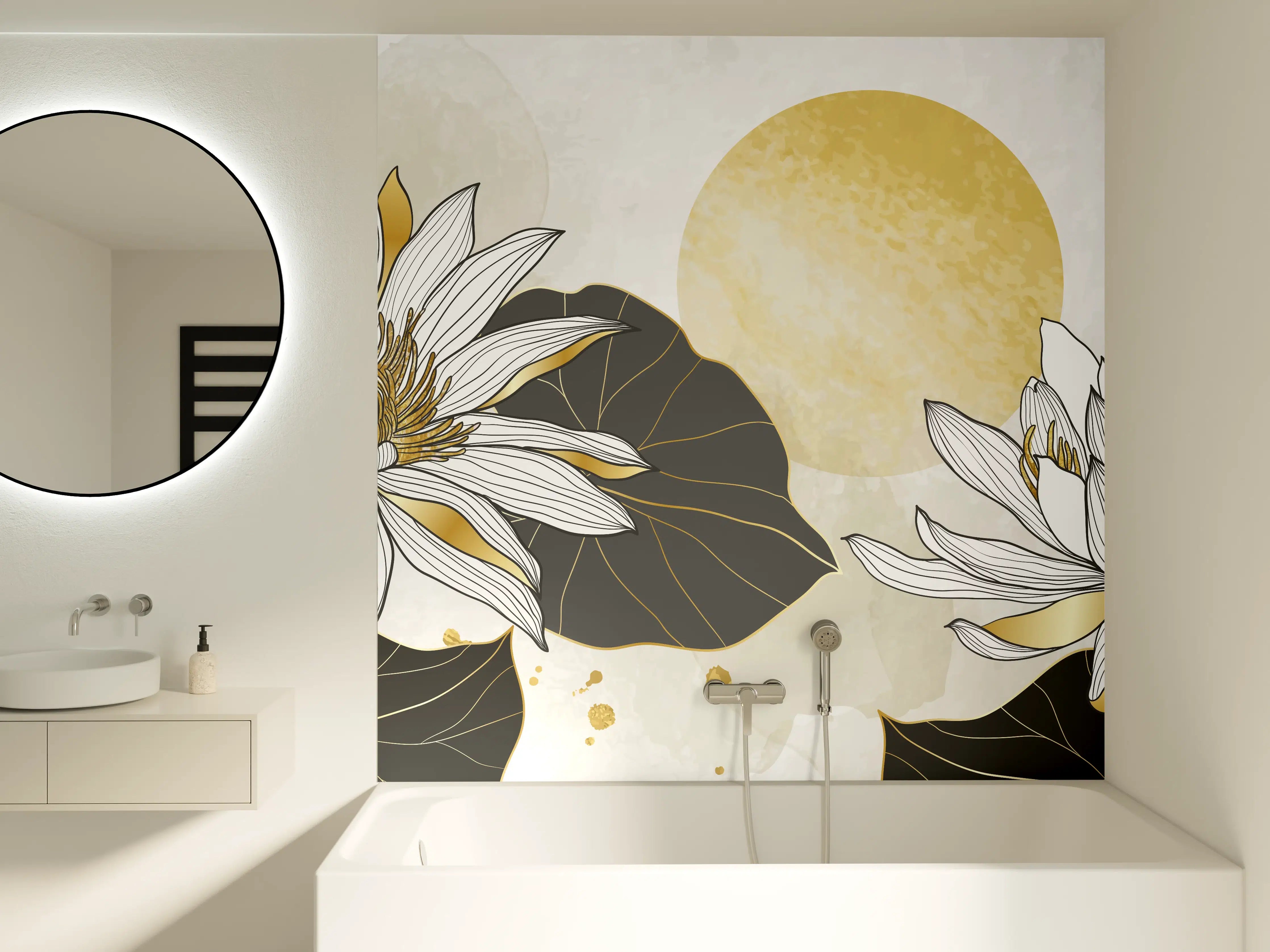 Badewannen-Rückwand - Goldene Lotusblüten Illustration