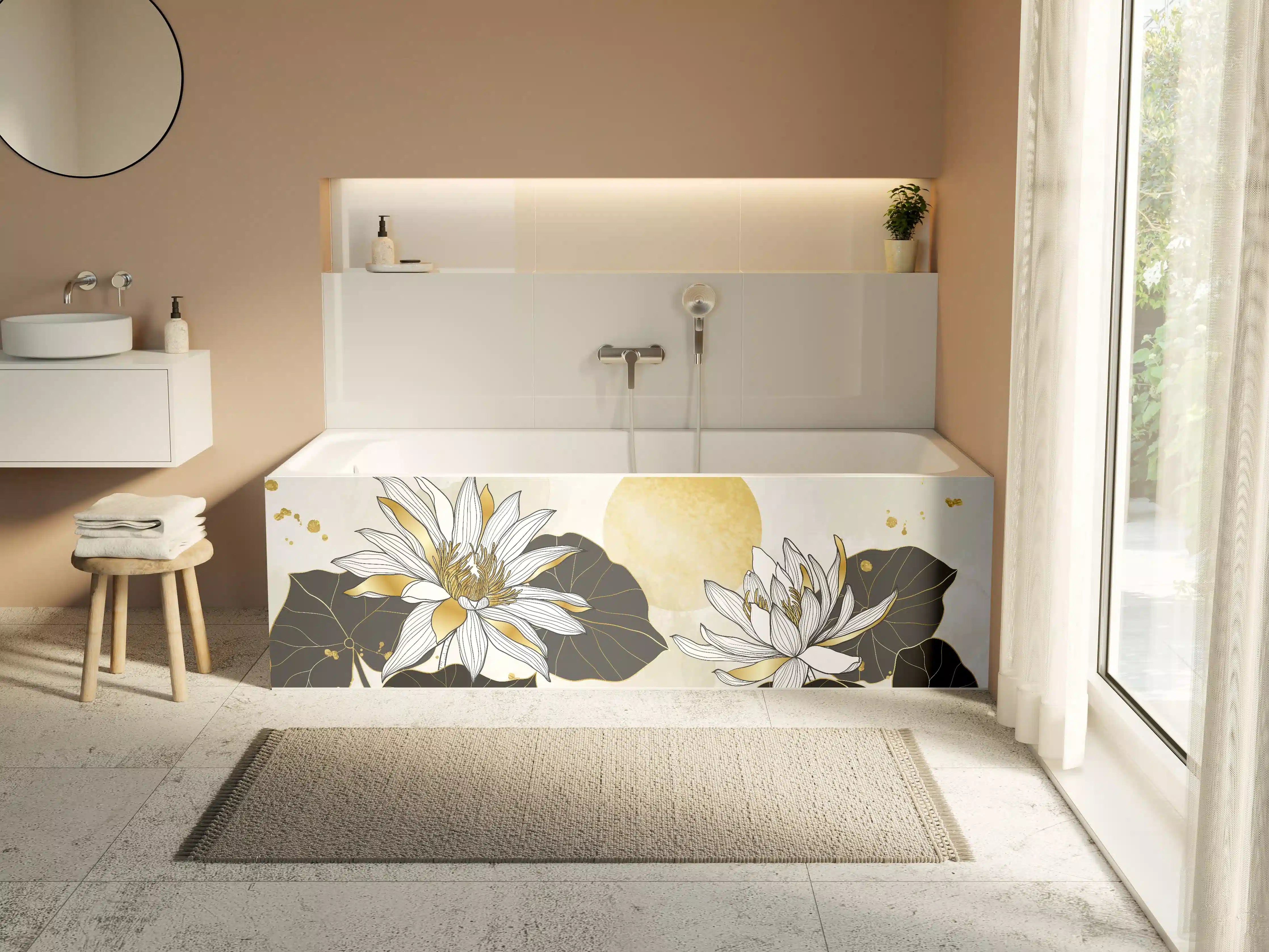 Badewannen-Rückwand - Goldene Lotusblüten Illustration