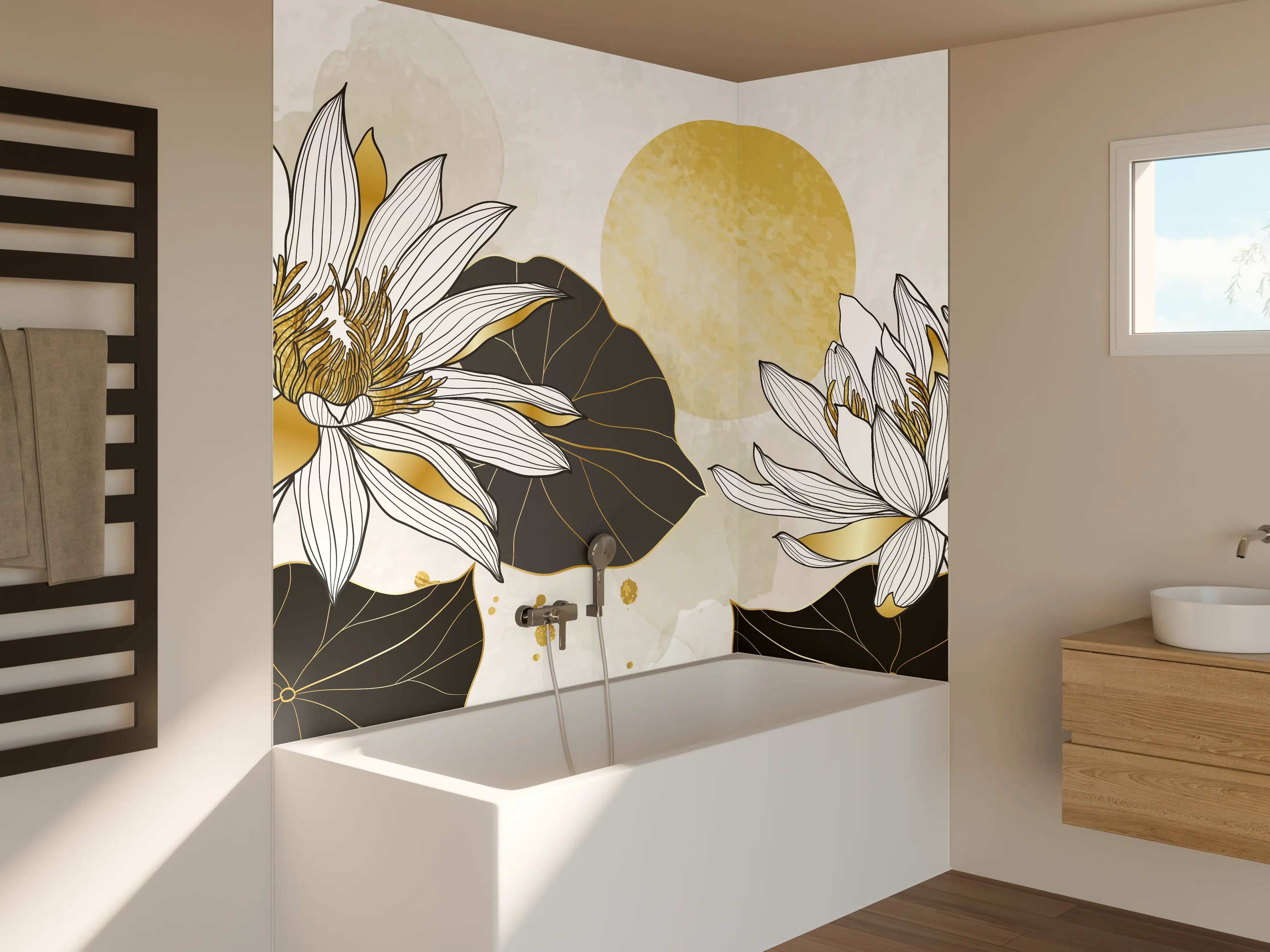 Badewannen-Rückwand - Goldene Lotusblüten Illustration