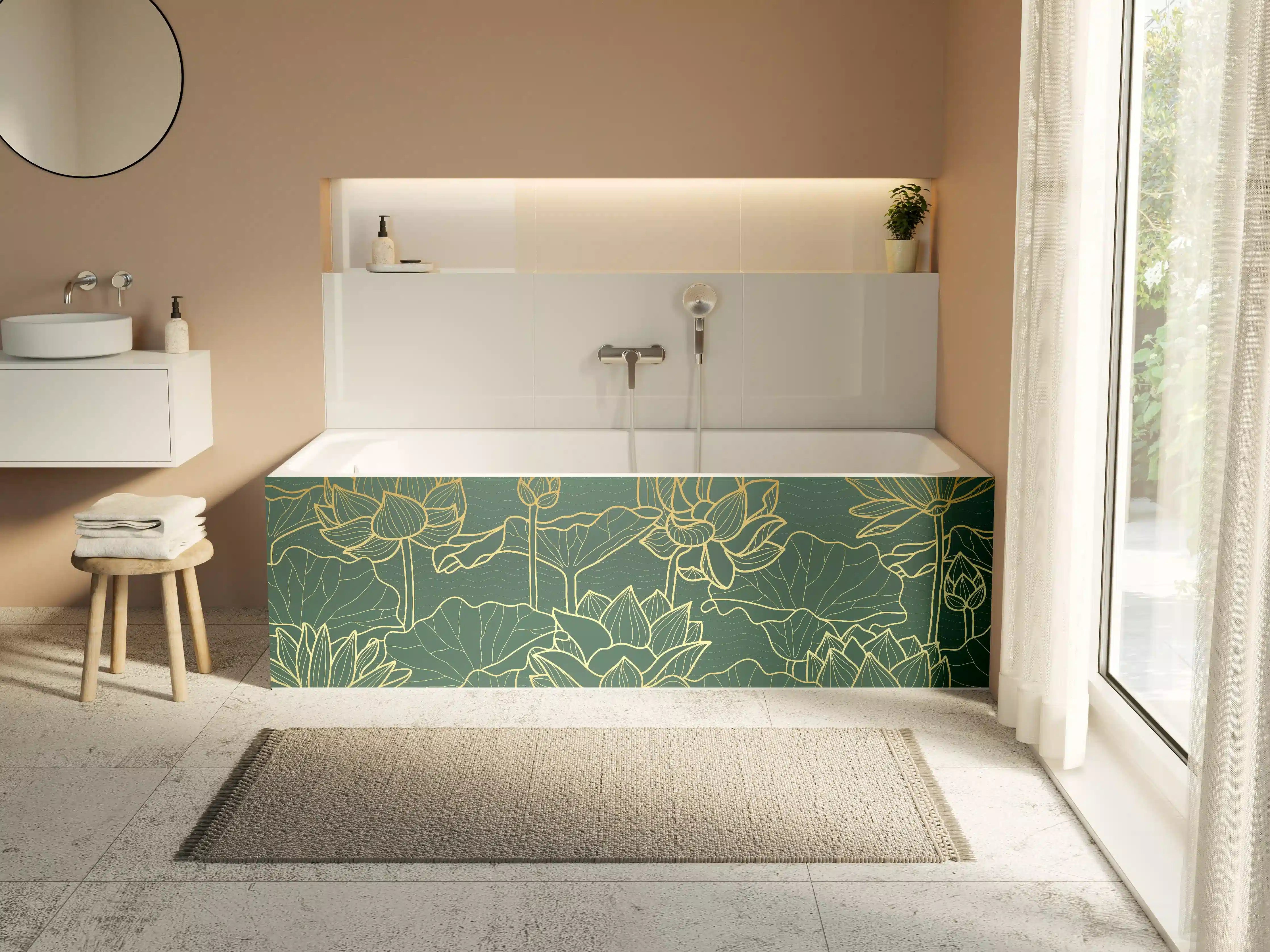 Badewannen-Rückwand - Goldene Lotusblumen Kunstwerk