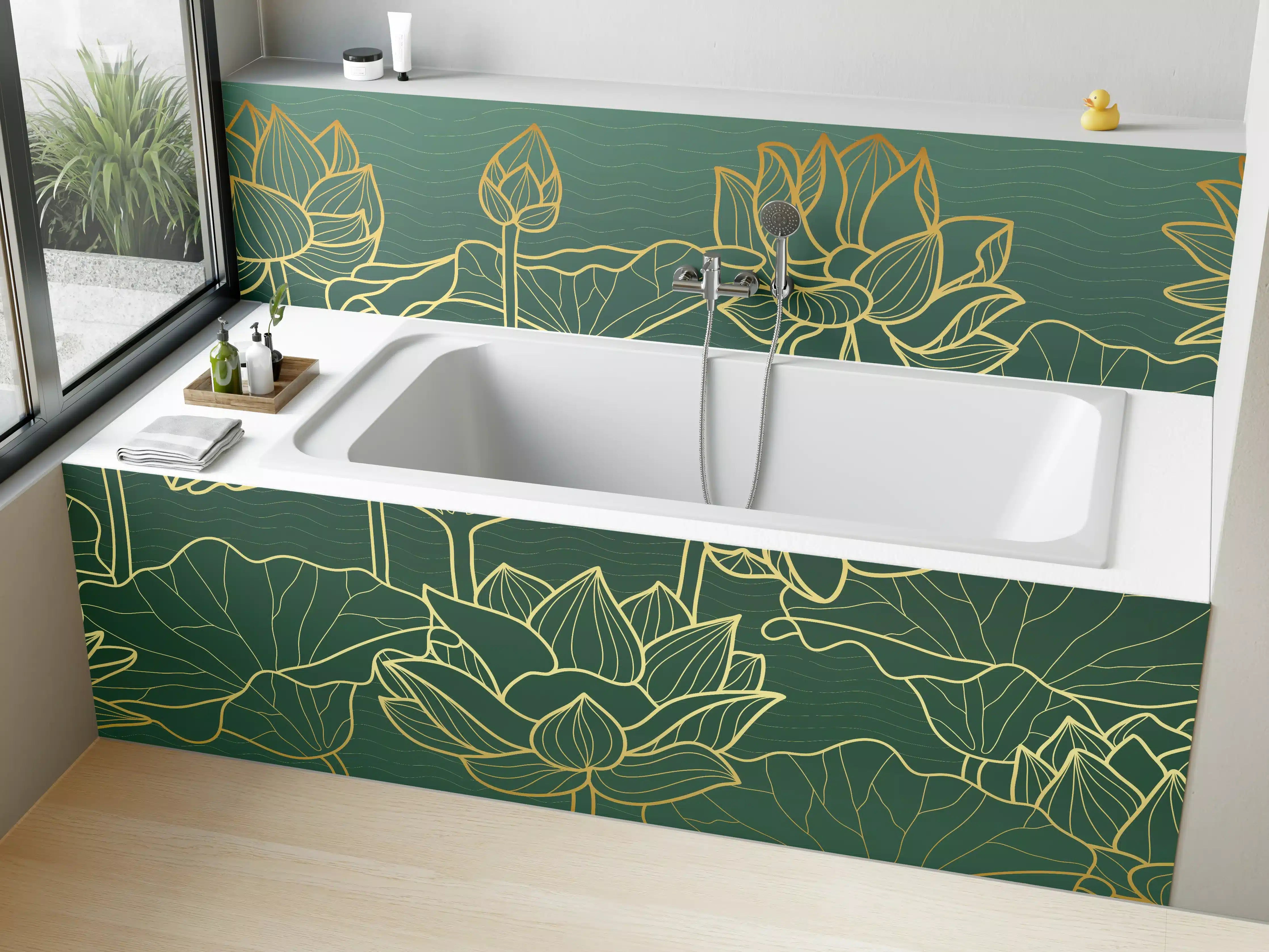 Badewannen-Rückwand - Goldene Lotusblumen Kunstwerk