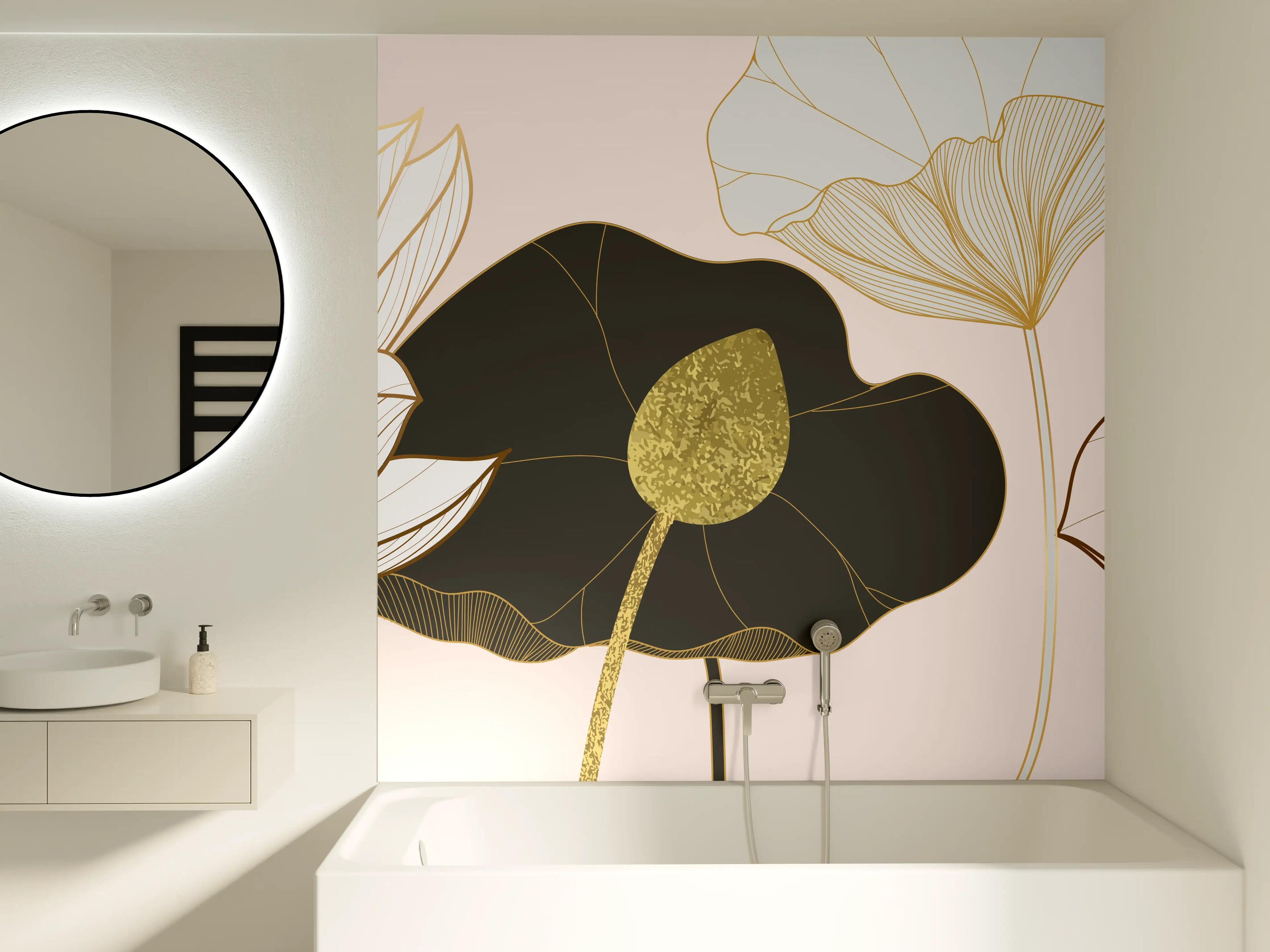 Badewannen-Rückwand - Goldene Lotusblumen auf Schwarz