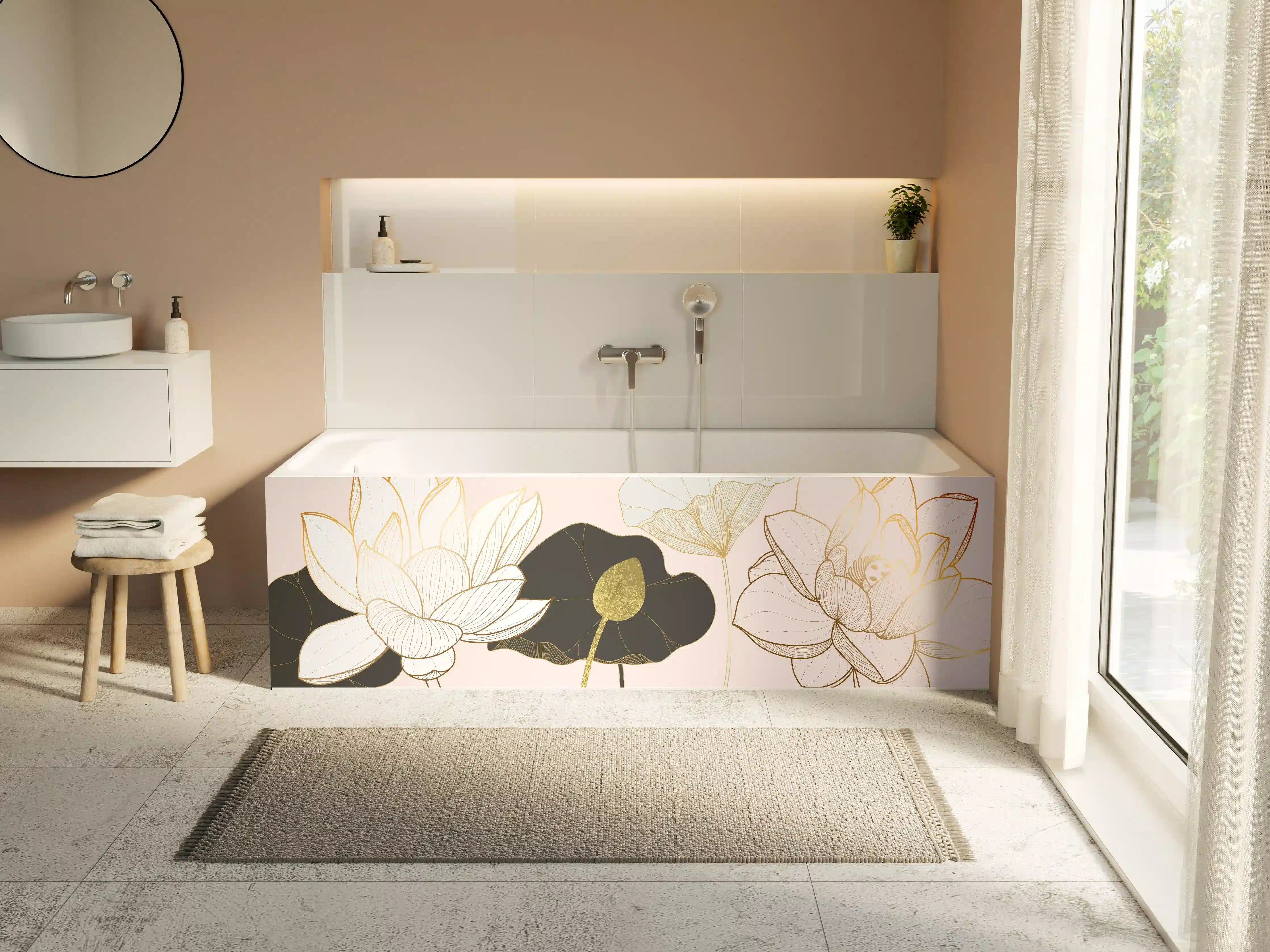 Badewannen-Rückwand - Goldene Lotusblumen auf Schwarz