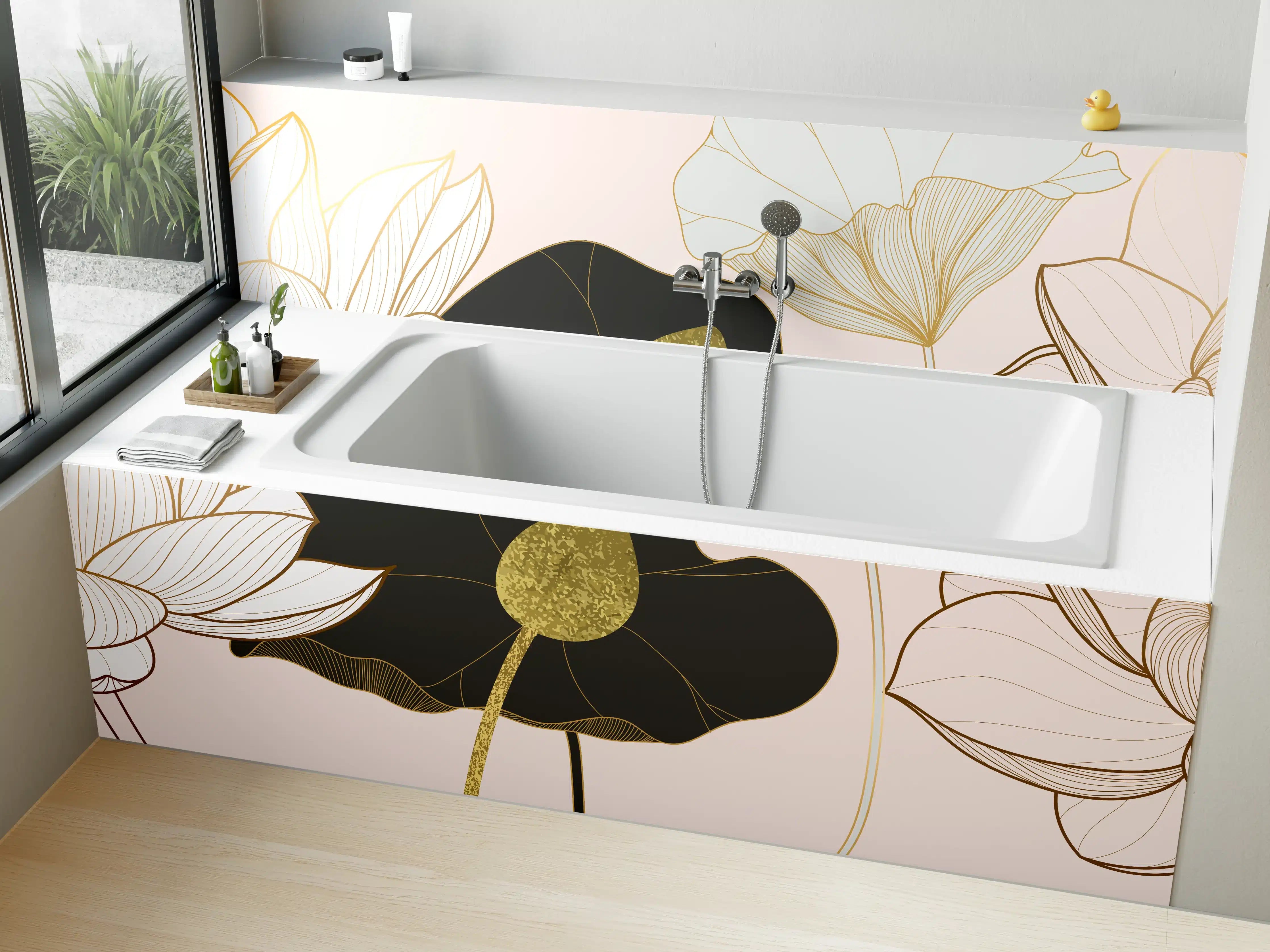 Badewannen-Rückwand - Goldene Lotusblumen auf Schwarz