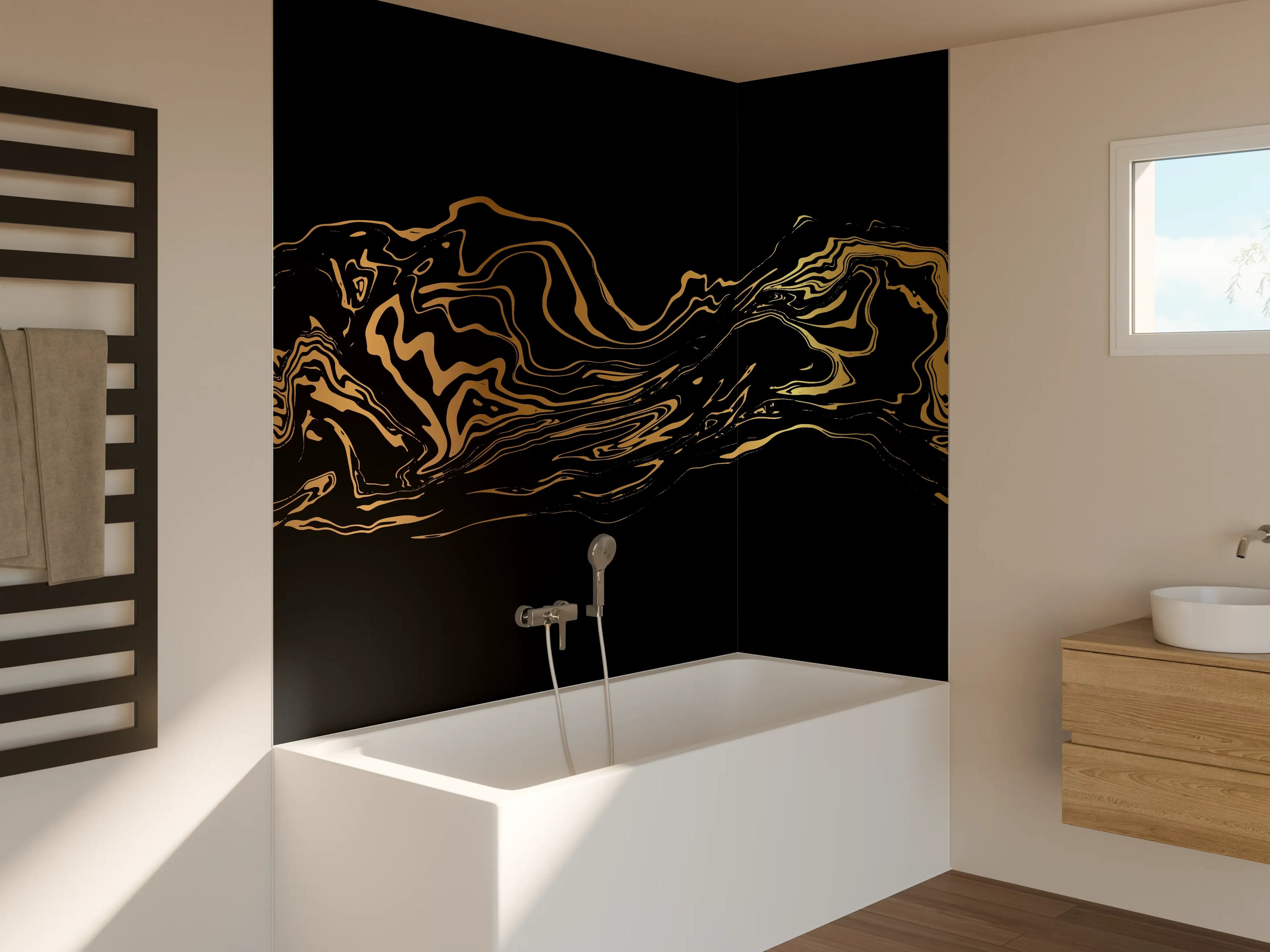 Badewannen-Rückwand - Goldene Marmortextur Wellenlinien