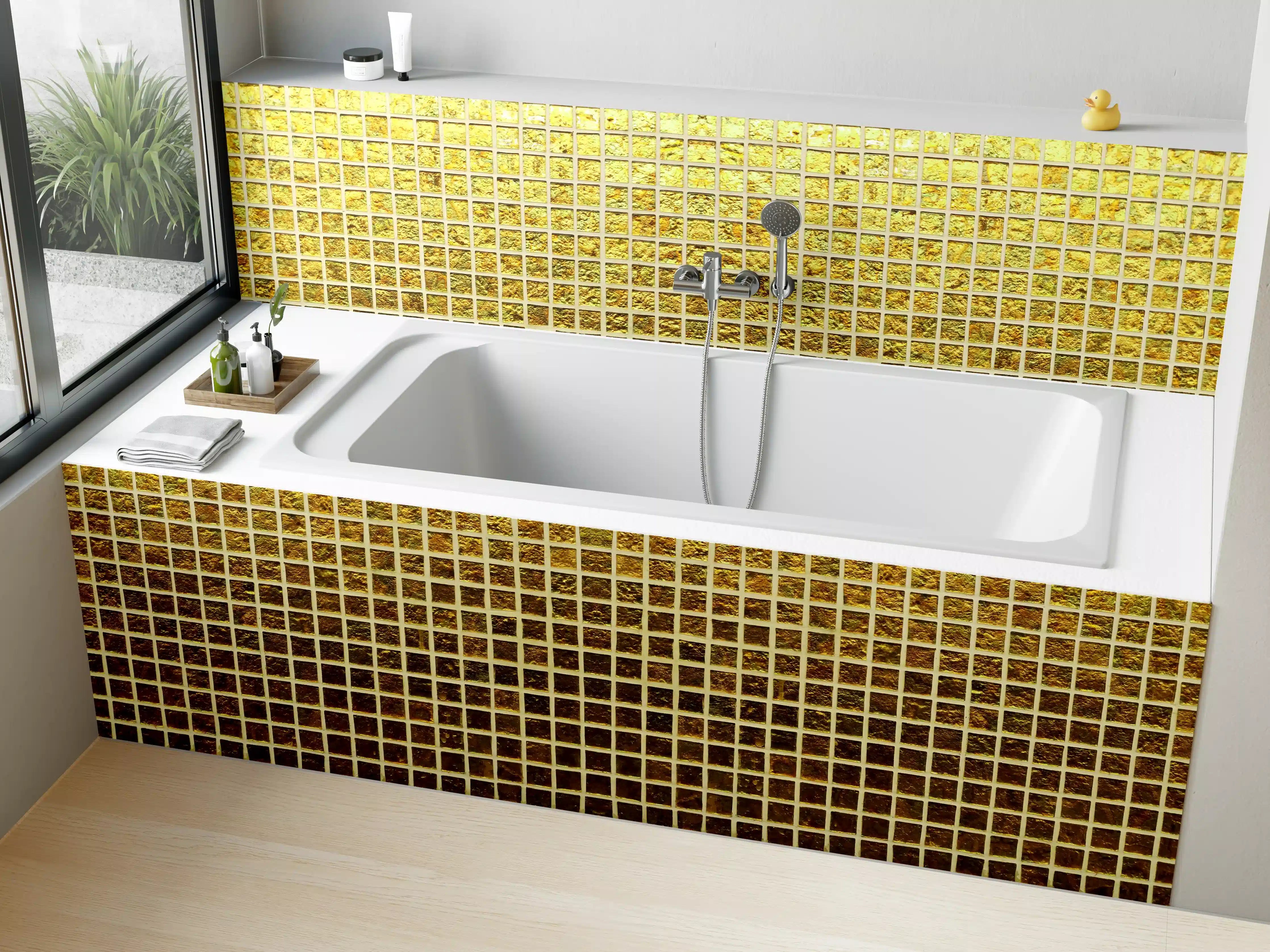 Badewannen-Rückwand - Goldene Mosaik-Textur mit warmen Tönen