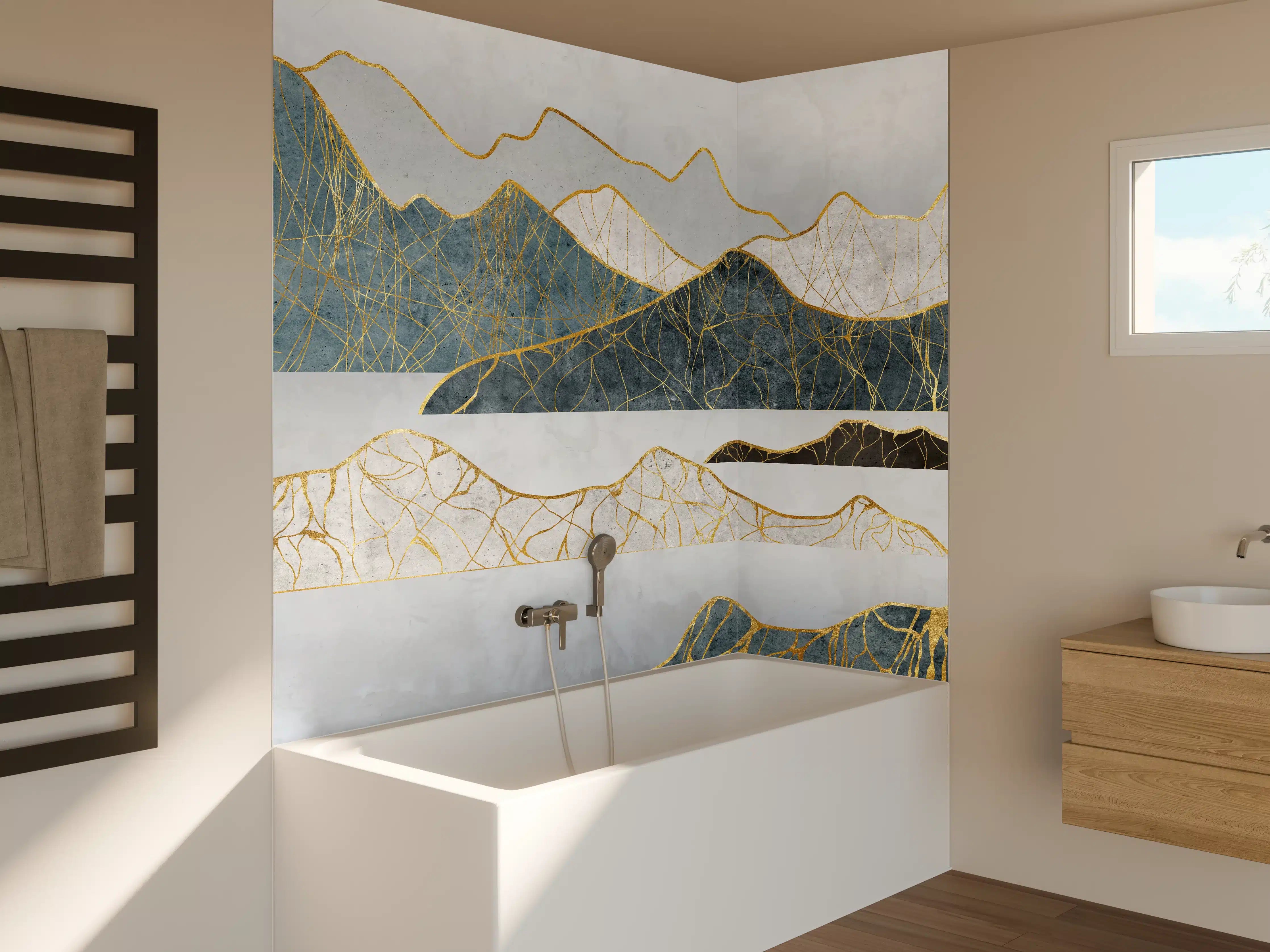 Badewannen-Rückwand - Goldene Silhouetten einer Bergregion