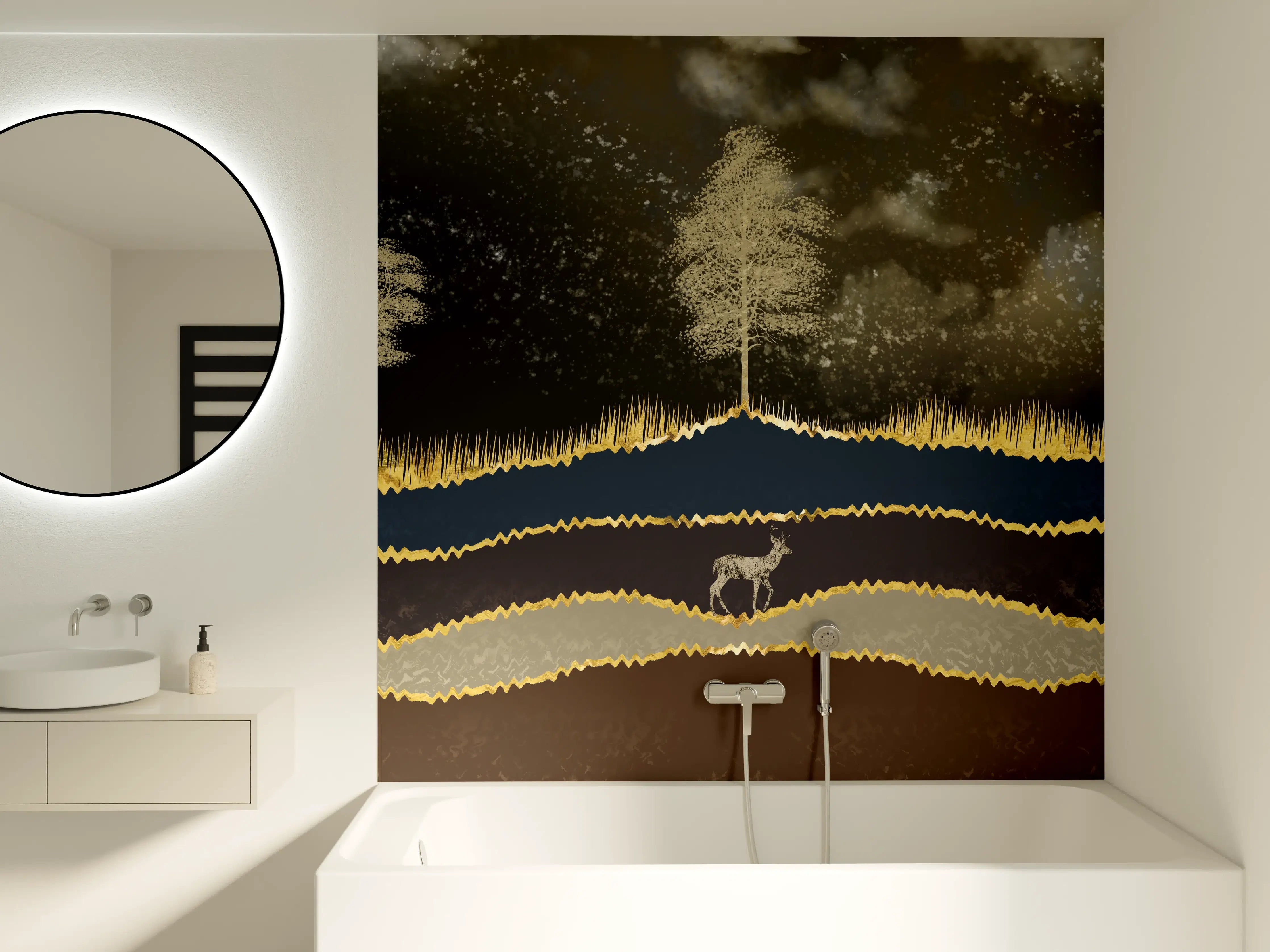 Badewannen-Rückwand - Goldene Sonne Dunkler Wald Hirsch