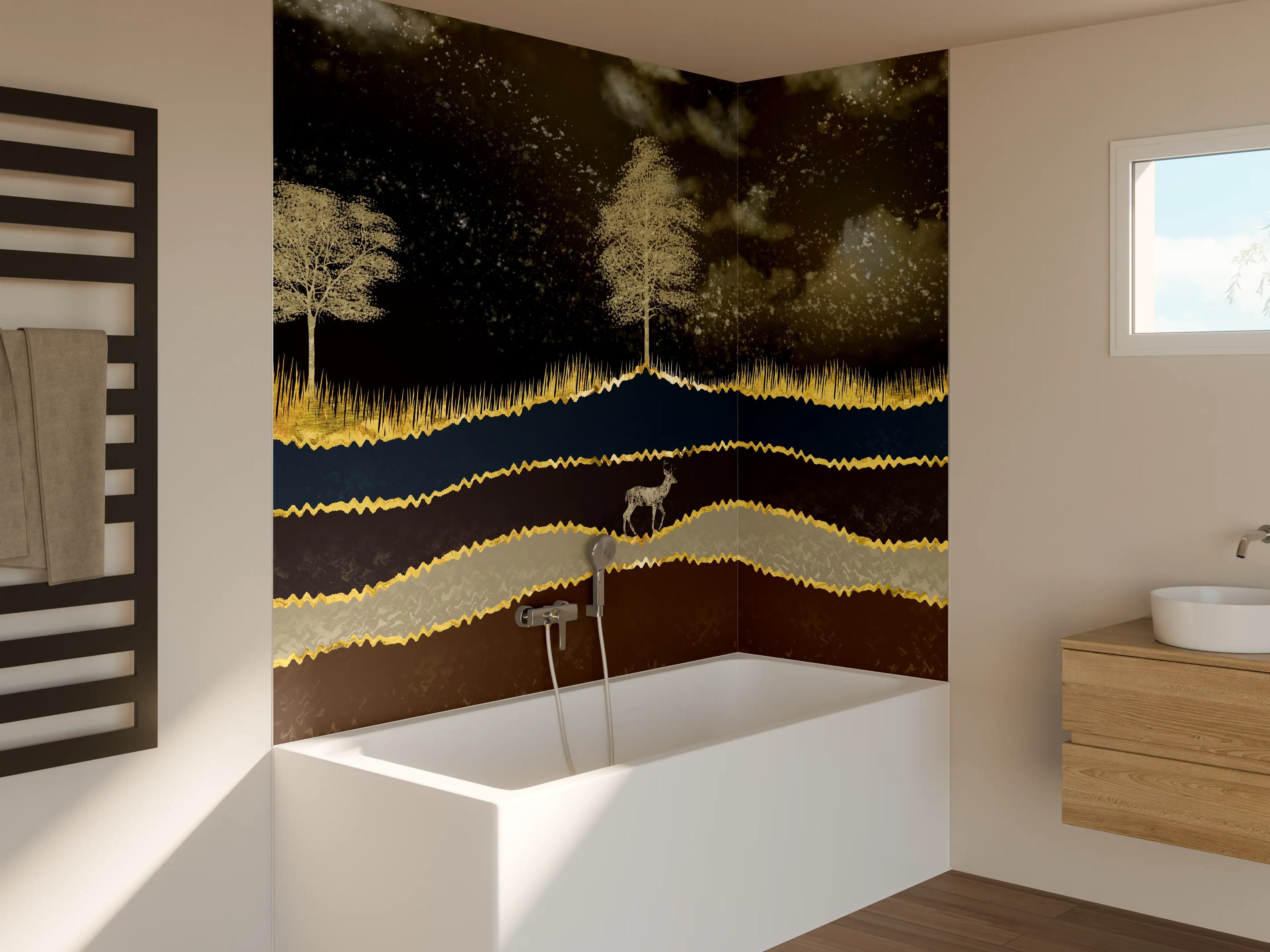 Badewannen-Rückwand - Goldene Sonne Dunkler Wald Hirsch