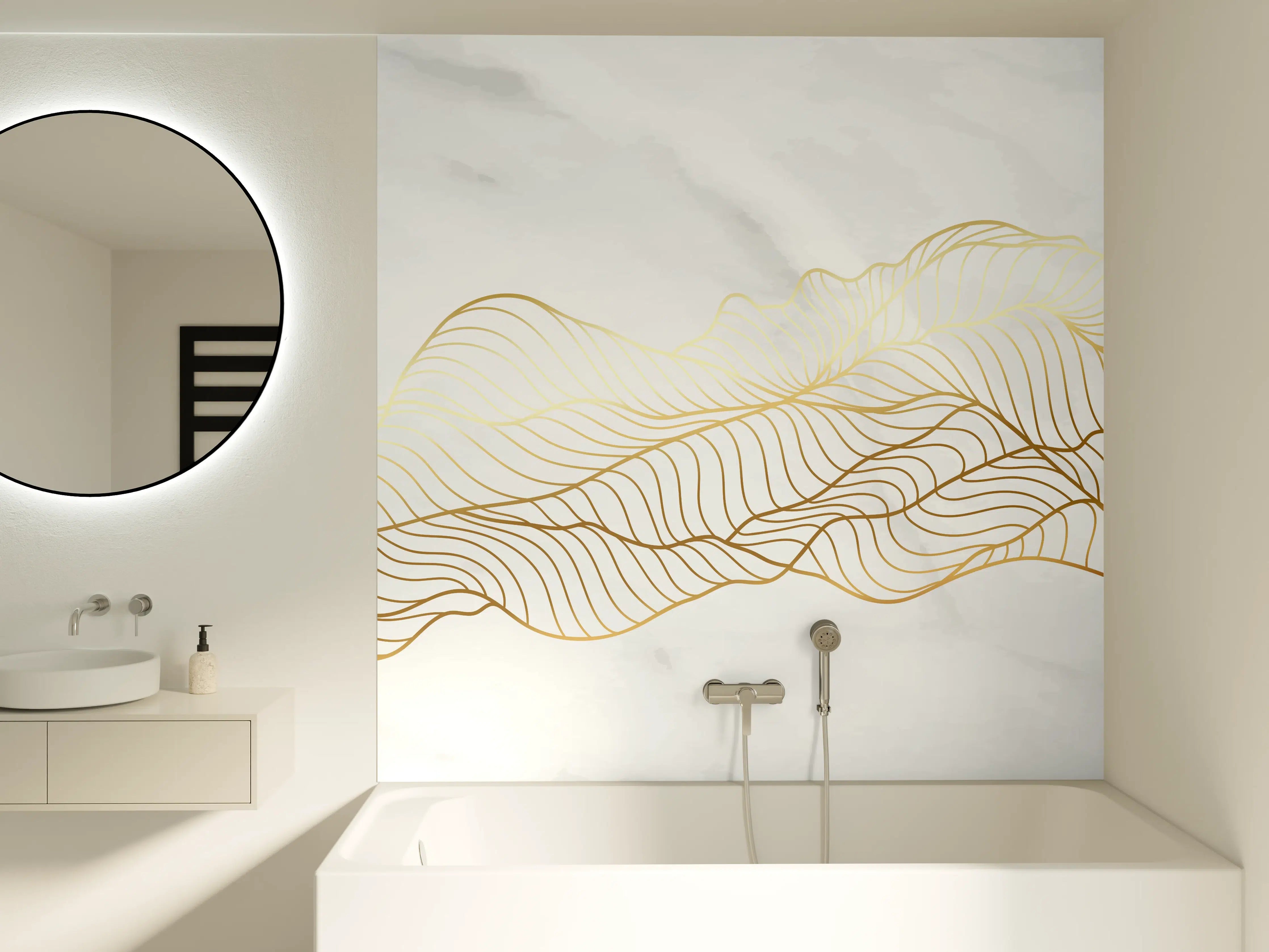 Badewannen-Rückwand - Goldene Welle auf Marmor