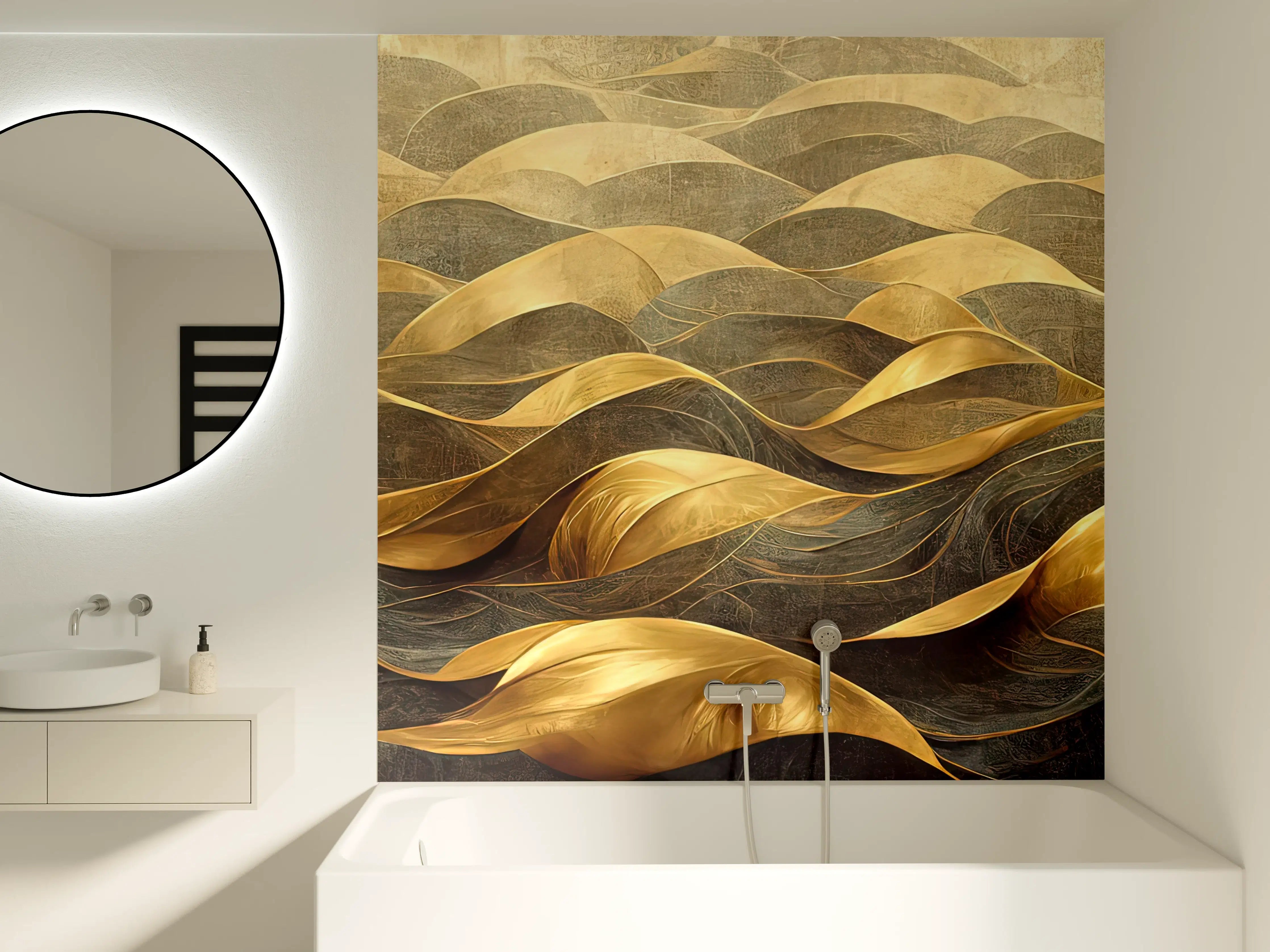 Badewannen-Rückwand - Goldene Wellengrafik mit dunklem Hintergrund