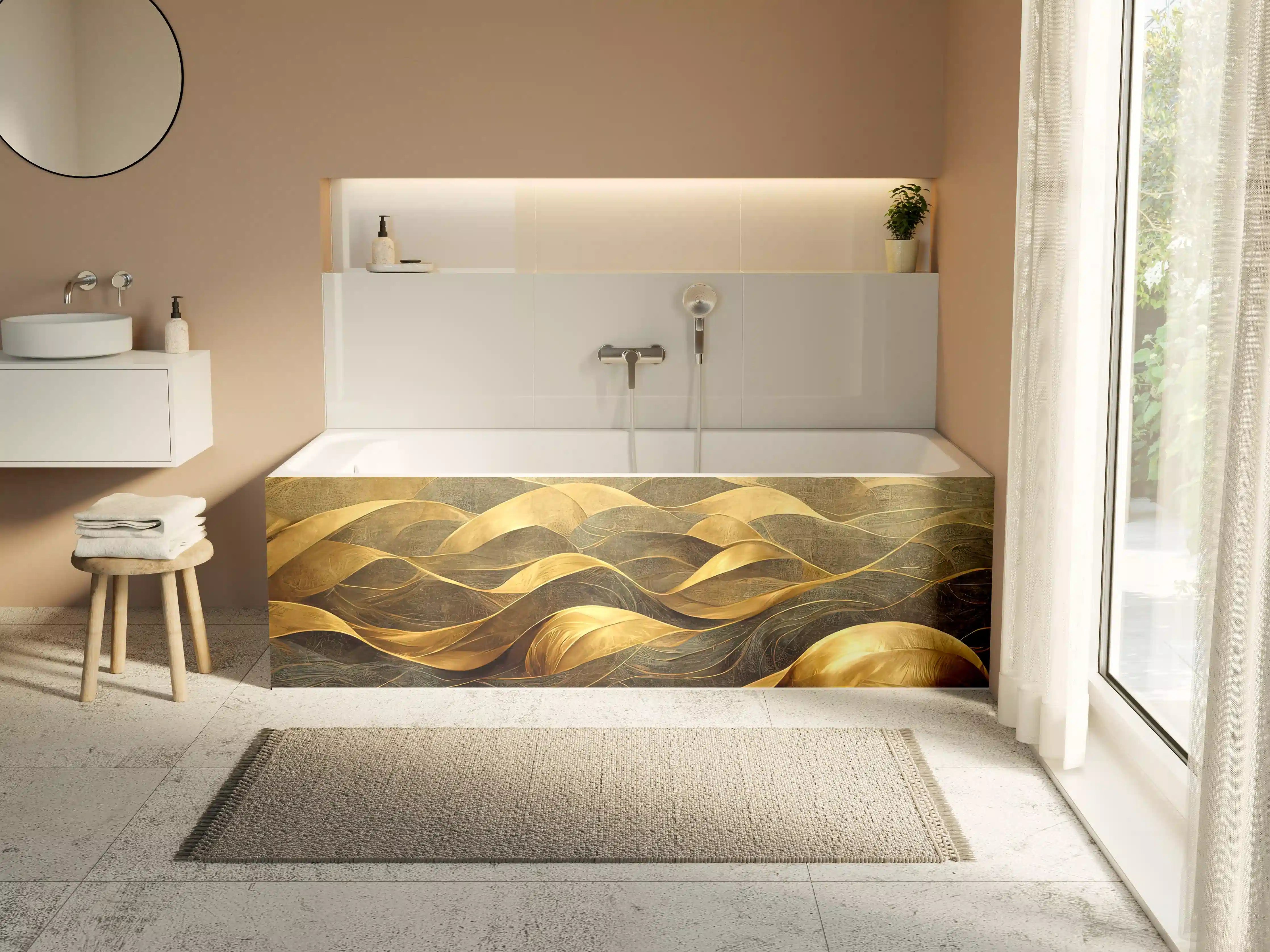 Badewannen-Rückwand - Goldene Wellengrafik mit dunklem Hintergrund