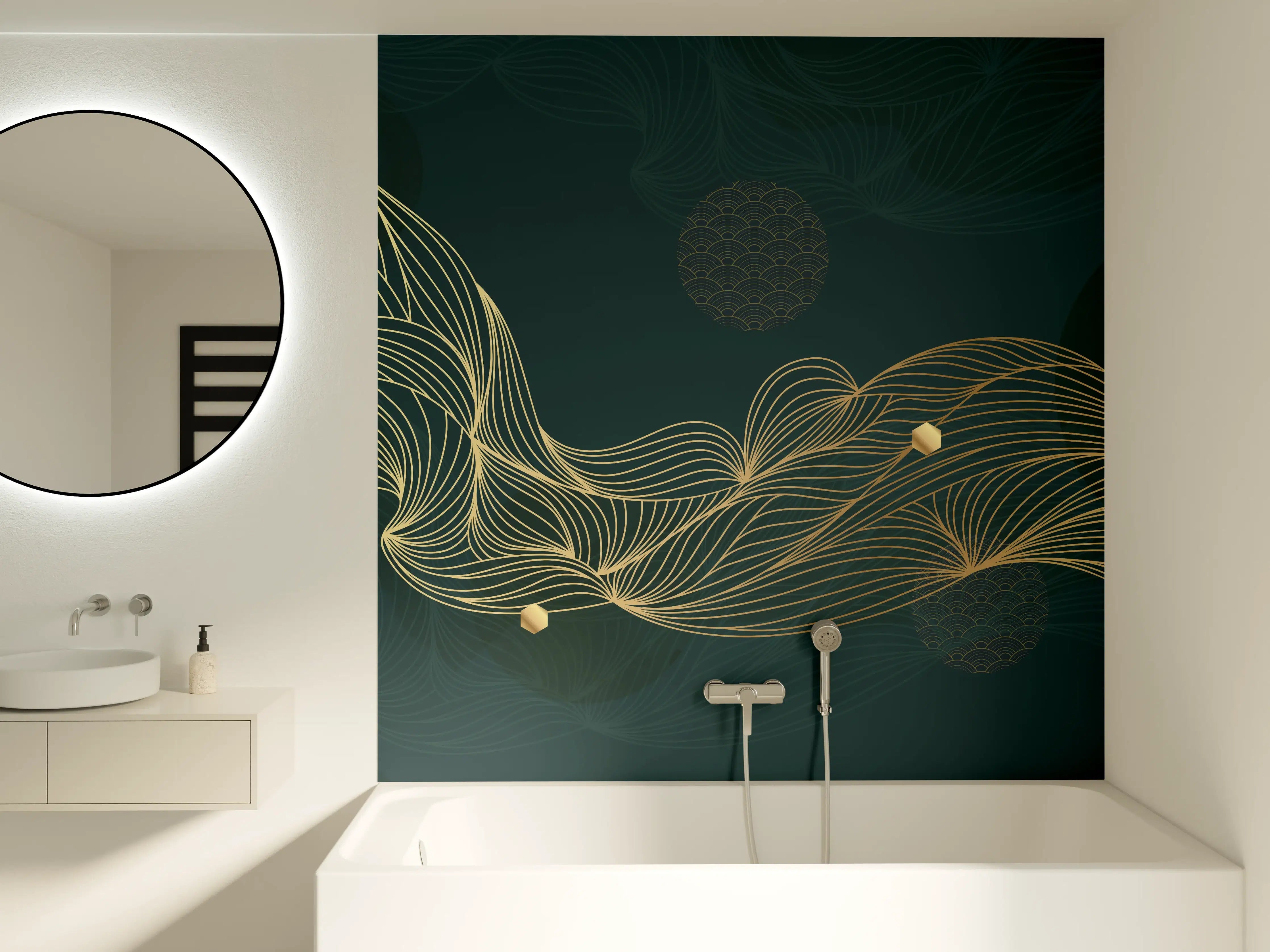 Badewannen-Rückwand - Goldene Wellenlinien auf Dunkelblau