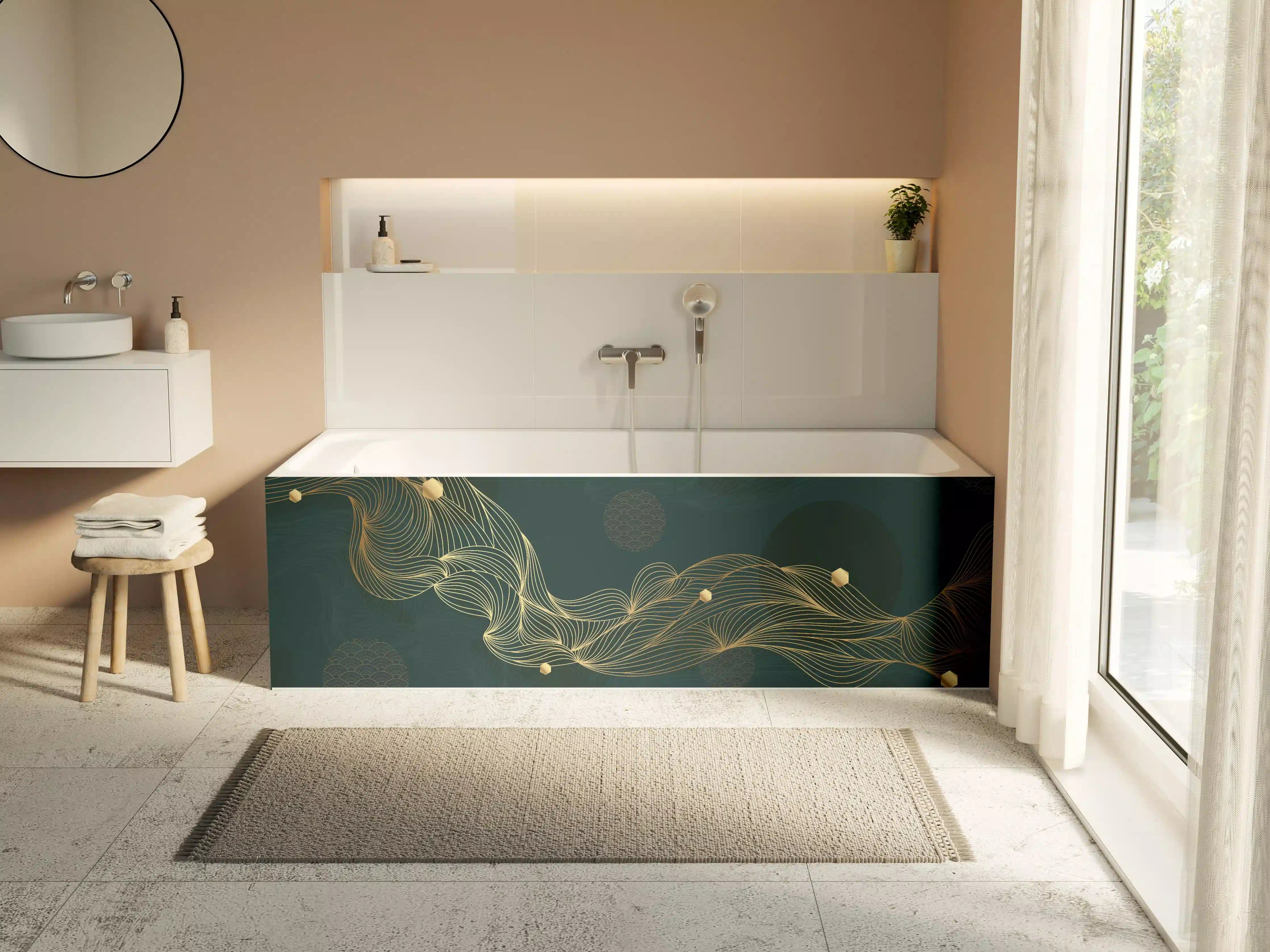 Badewannen-Rückwand - Goldene Wellenlinien auf Dunkelblau