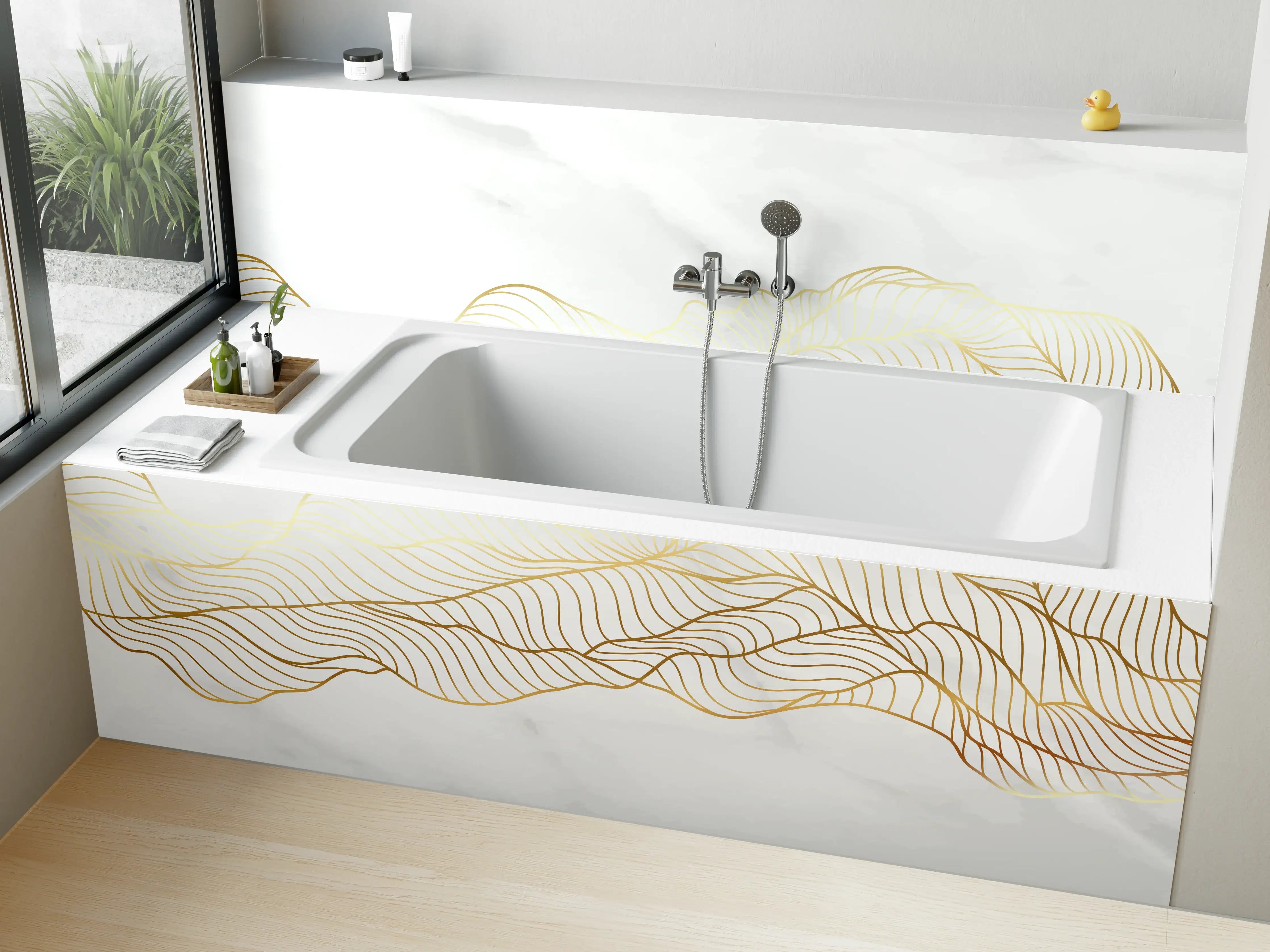 Badewannen-Rückwand - Goldene Wellenlinien auf Marmor