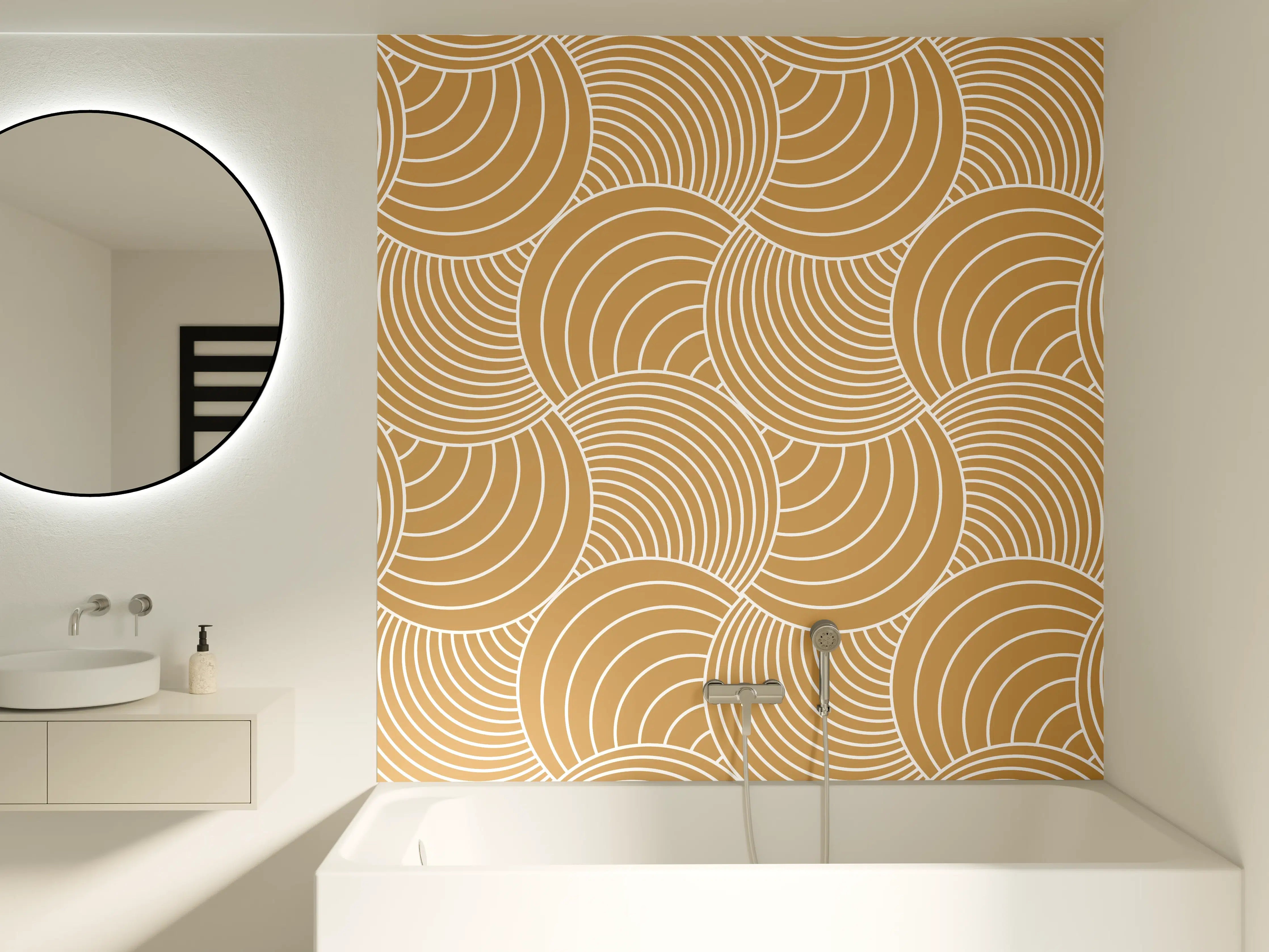 Badewannen-Rückwand - Goldene Wellenmuster mit geometrischer Eleganz