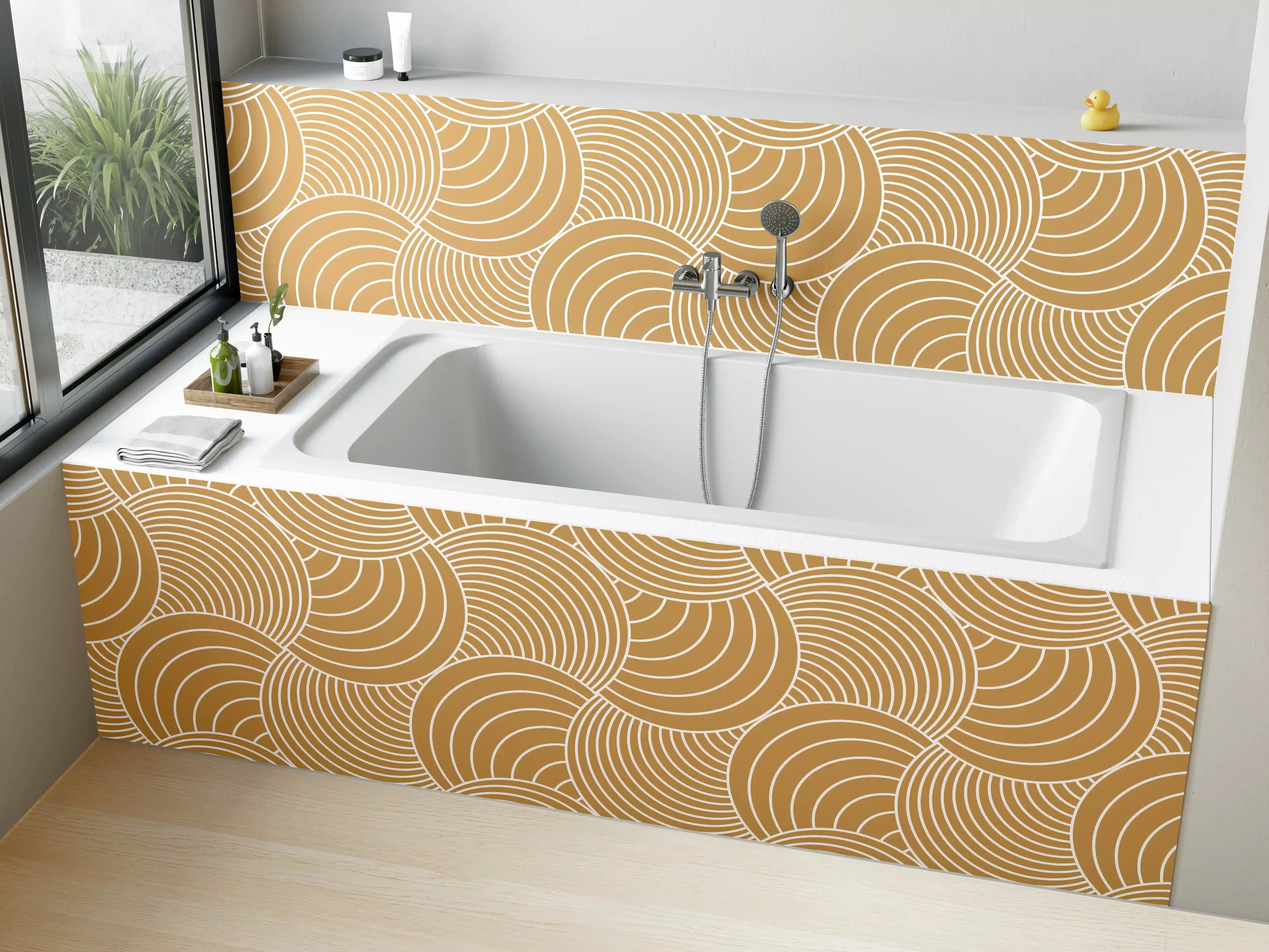 Badewannen-Rückwand - Goldene Wellenmuster mit geometrischer Eleganz
