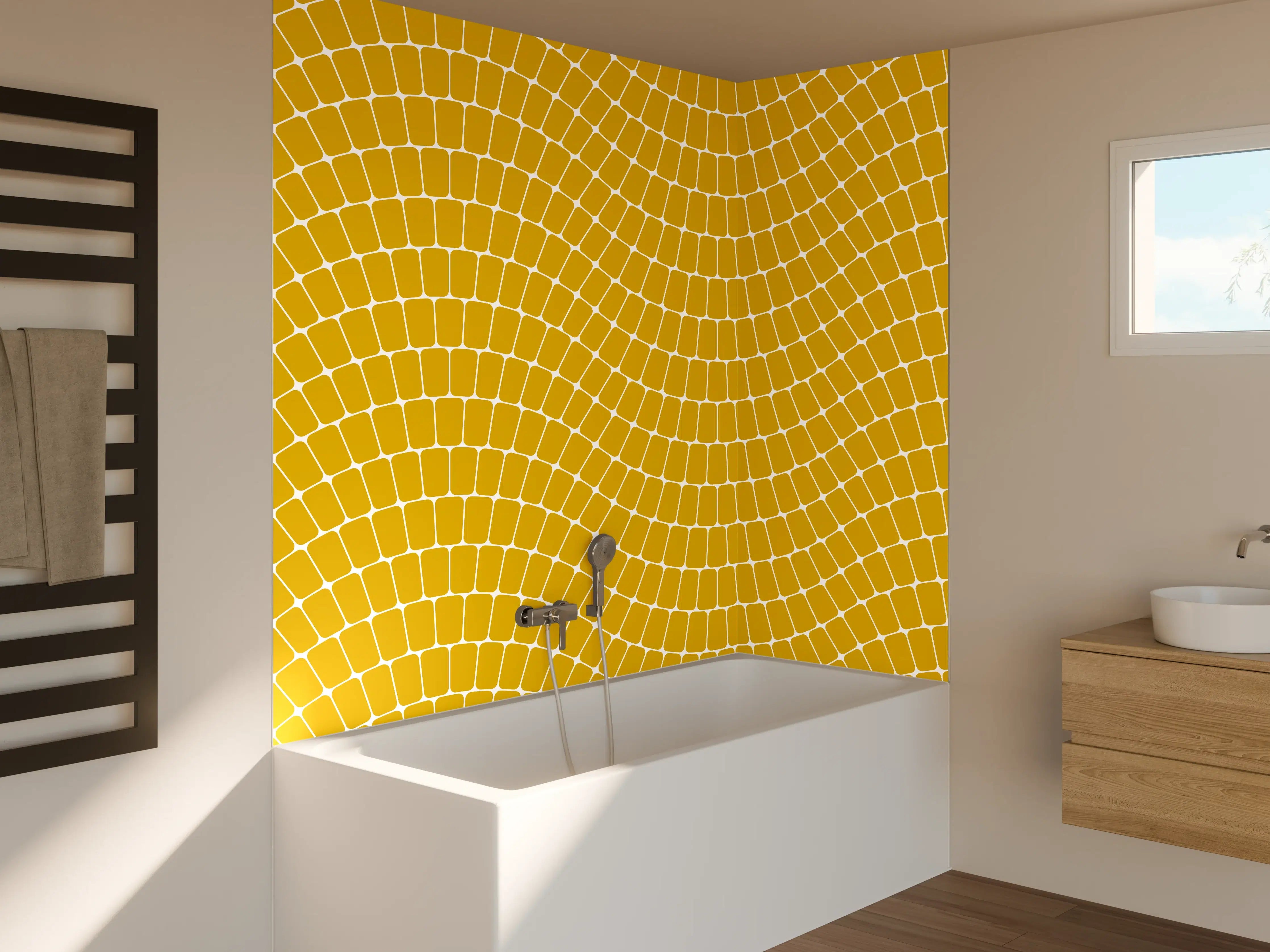 Badewannen-Rückwand - Goldene Wellenstruktur in warmem Gelb