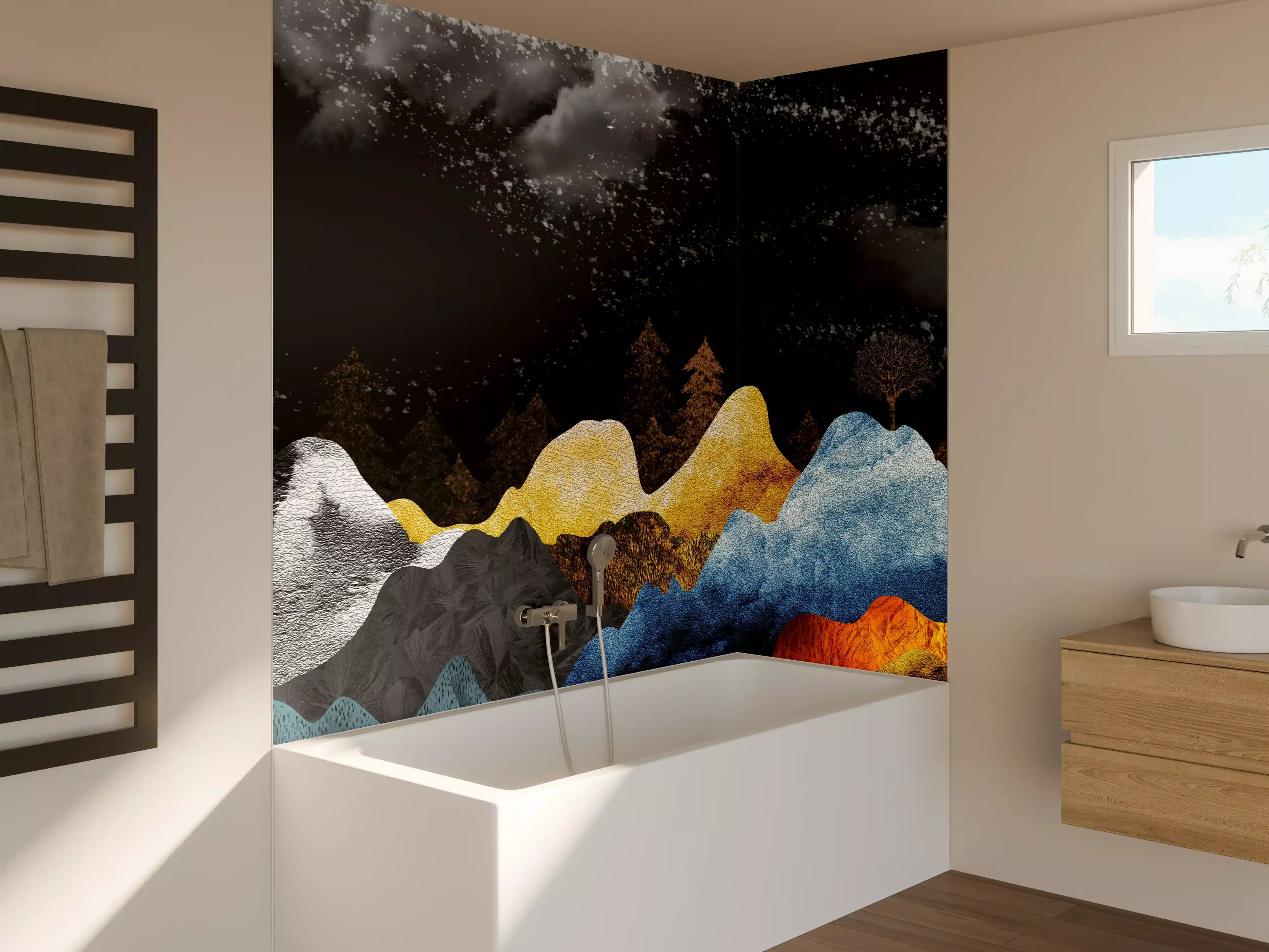 Badewannen-Rückwand - Goldene Winterberge Wandtapete
