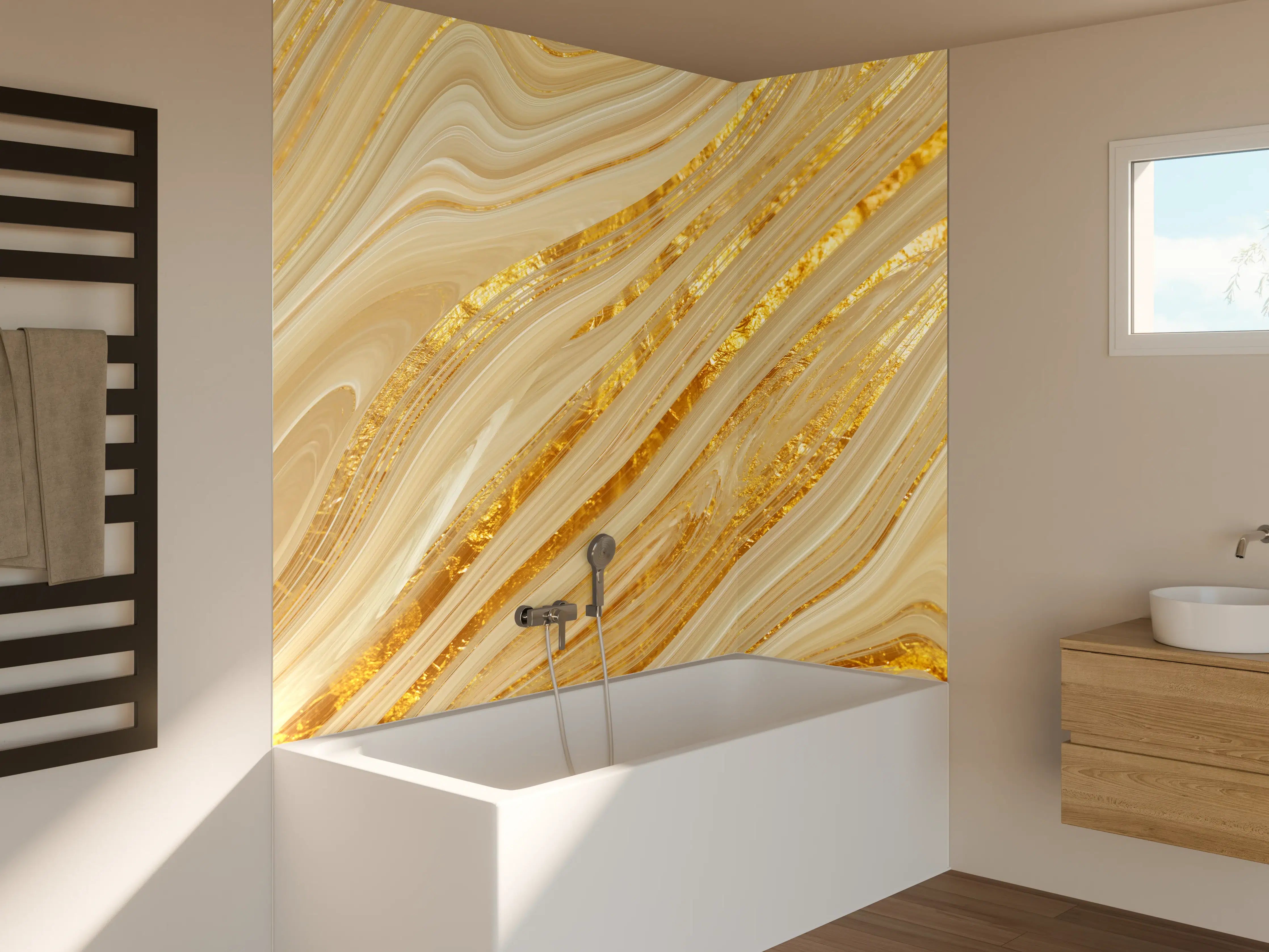 Badewannen-Rückwand - Goldene wellenförmige Marmorierung