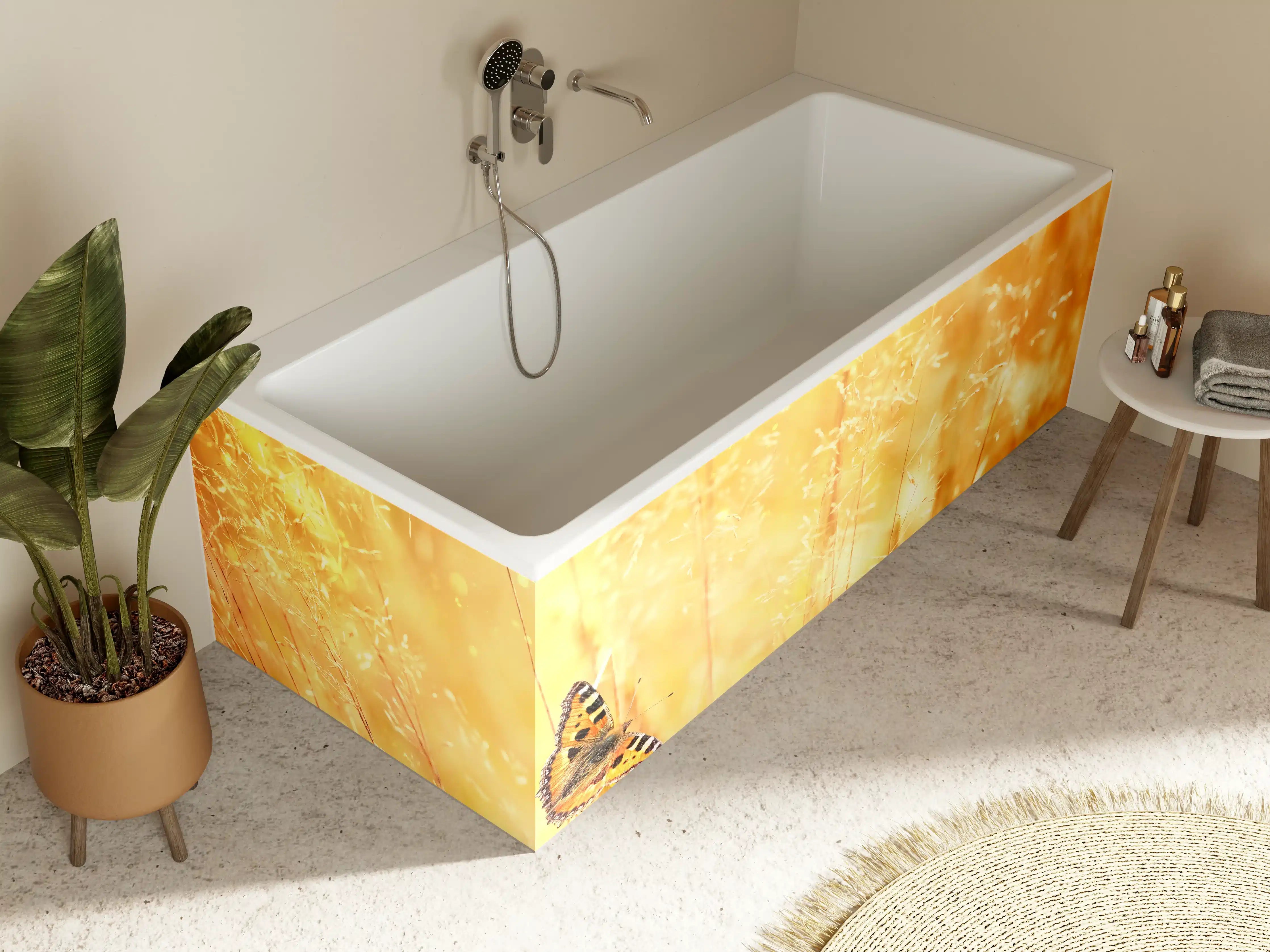 Badewannen-Rückwand - Goldener Sonnenuntergang mit Schmetterling