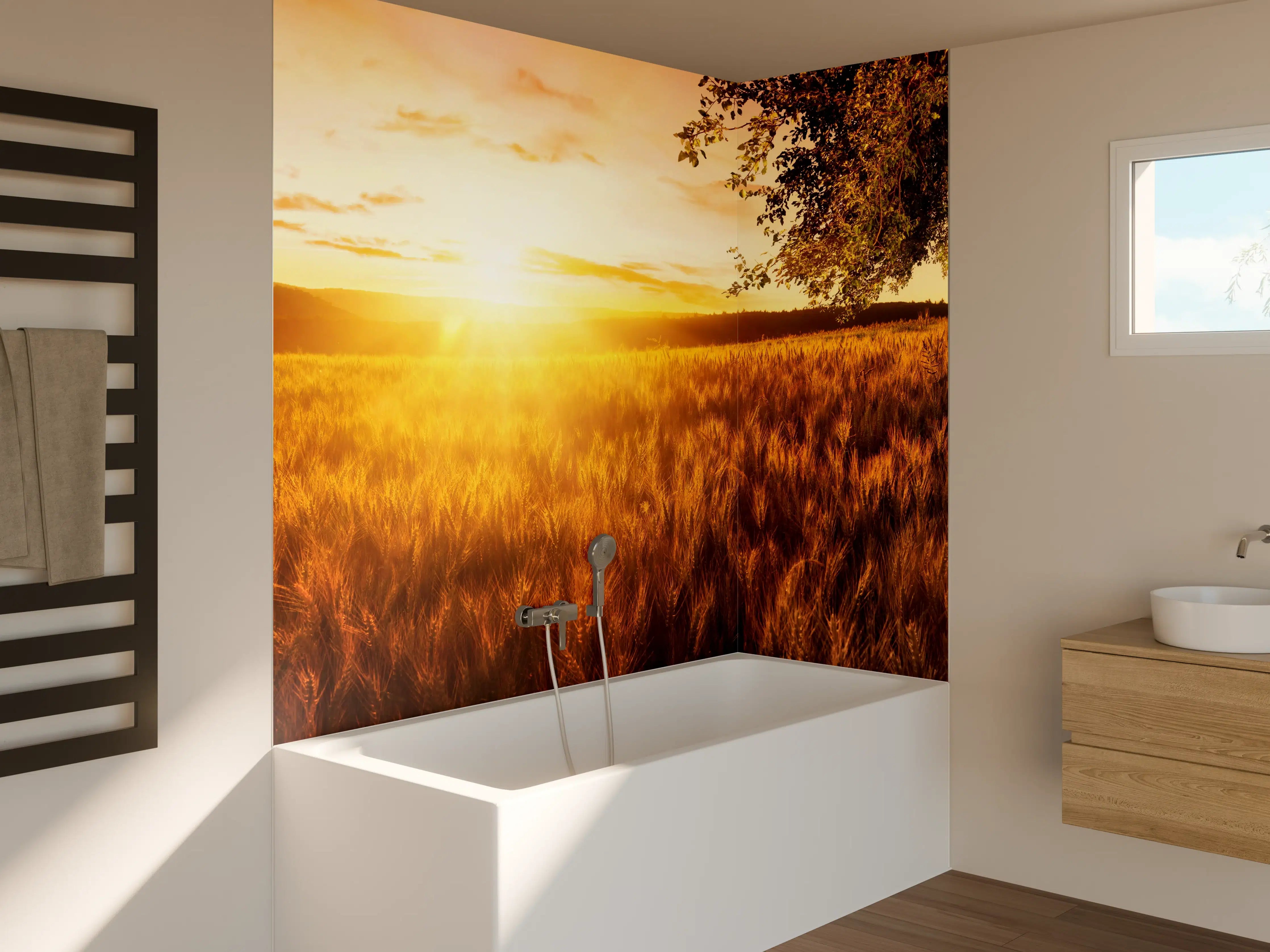 Badewannen-Rückwand - Goldener Sonnenuntergang über Feldern