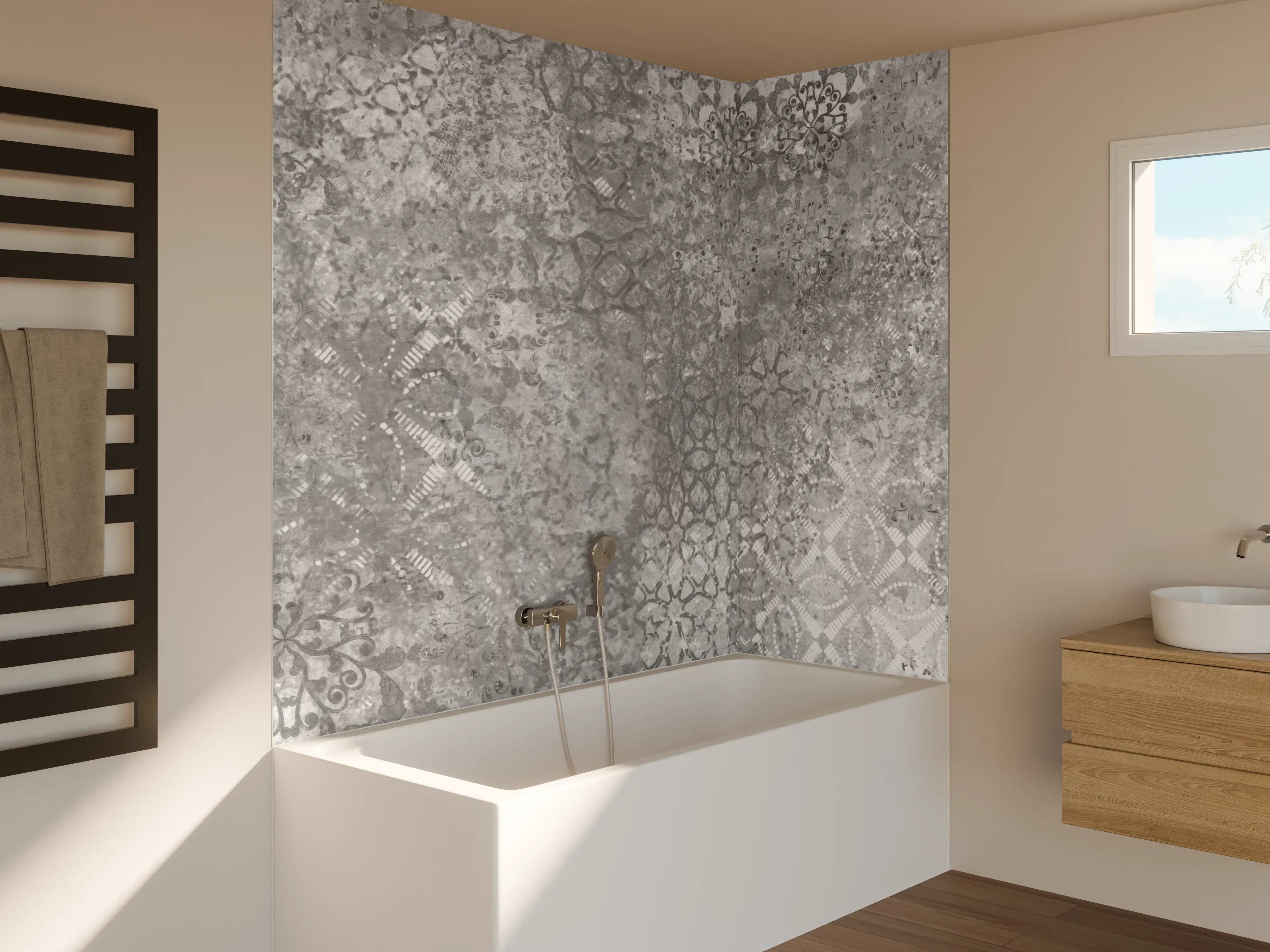 Badewannen-Rückwand - Gräuliche Patchwork Fliesen