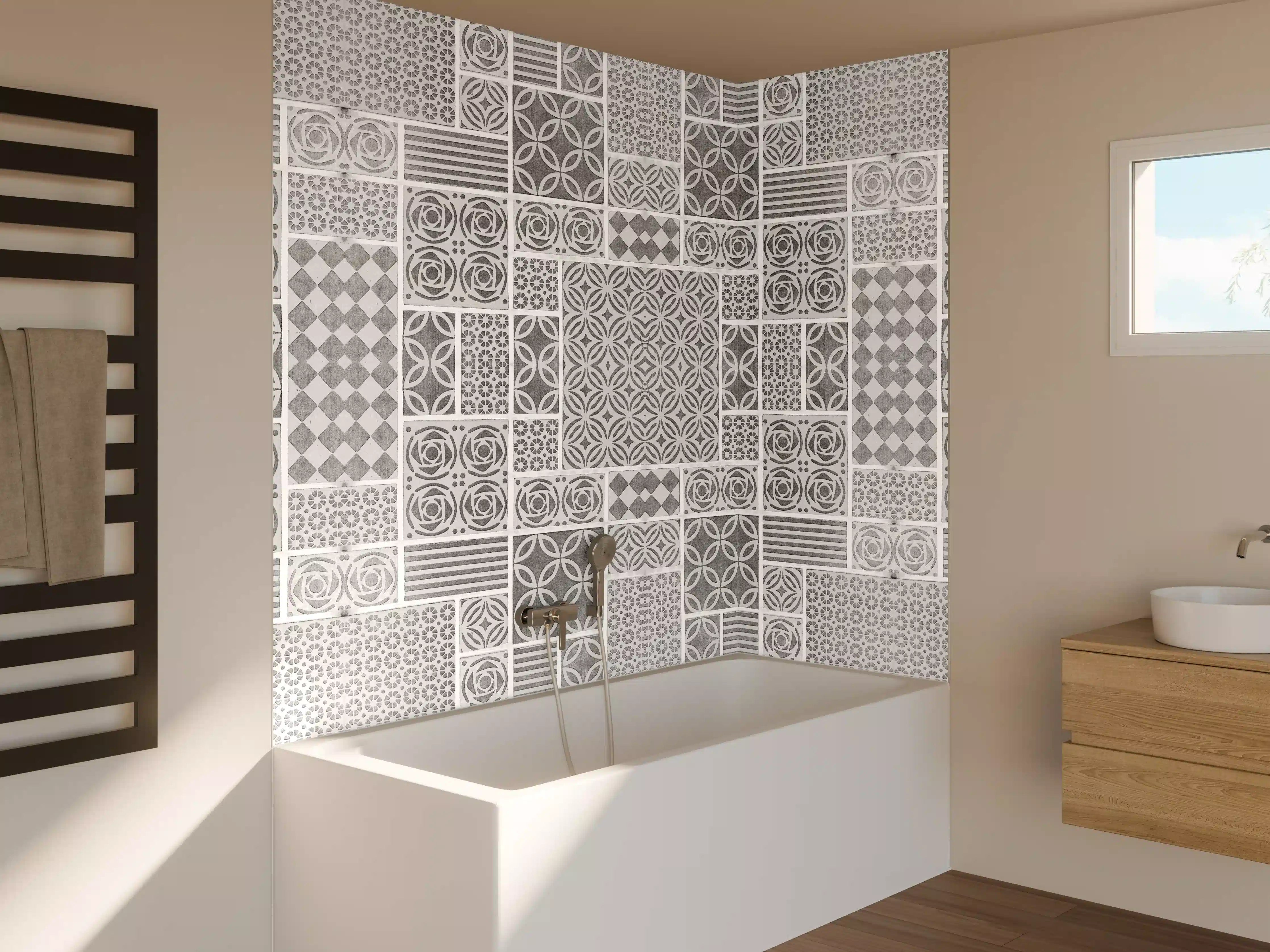 Badewannen-Rückwand - Gräuliche geometrische Fliesen