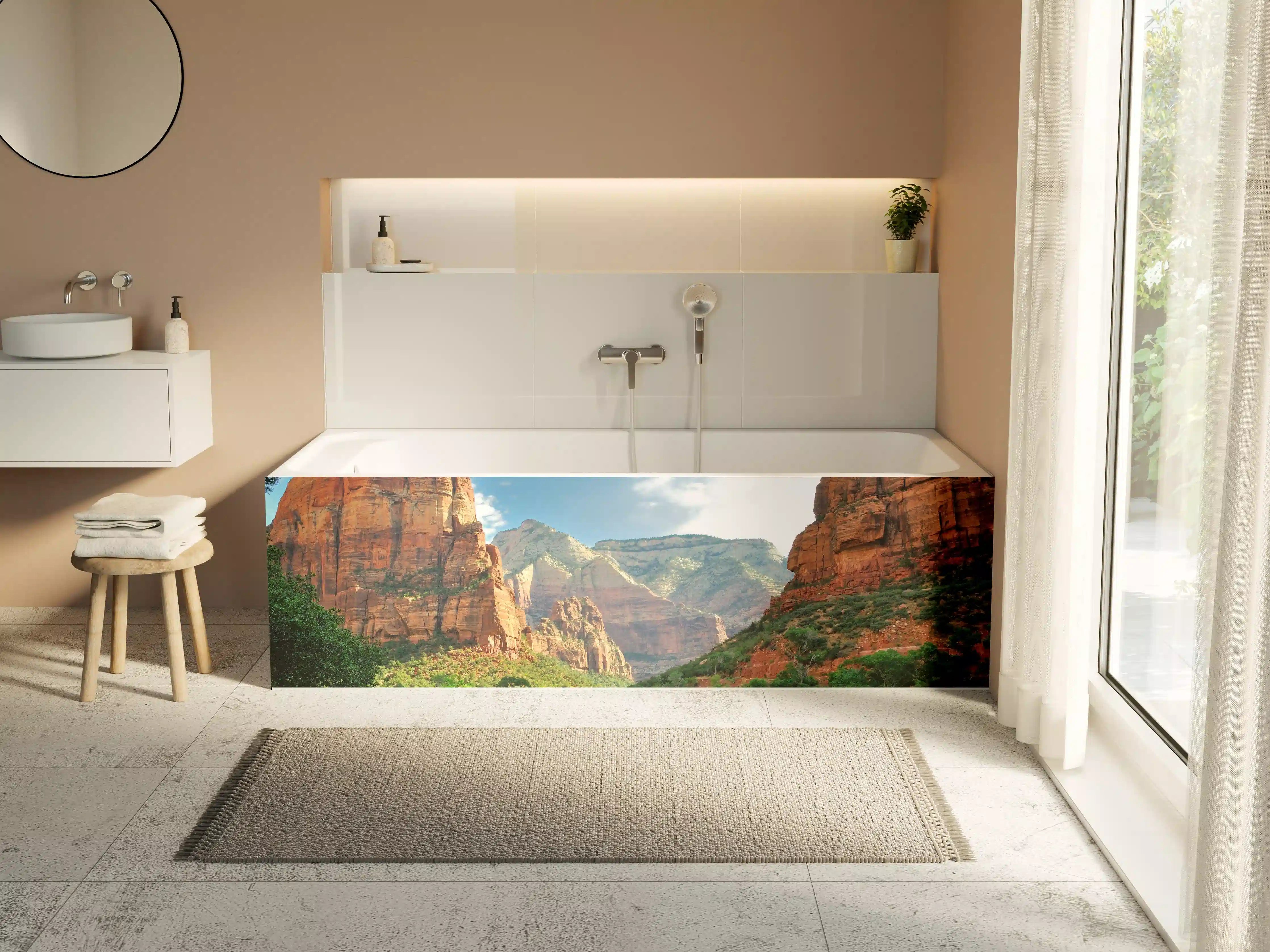 Badewannen-Rückwand - Grandiose Canyonlandschaft mit Fluss und Berggipfeln