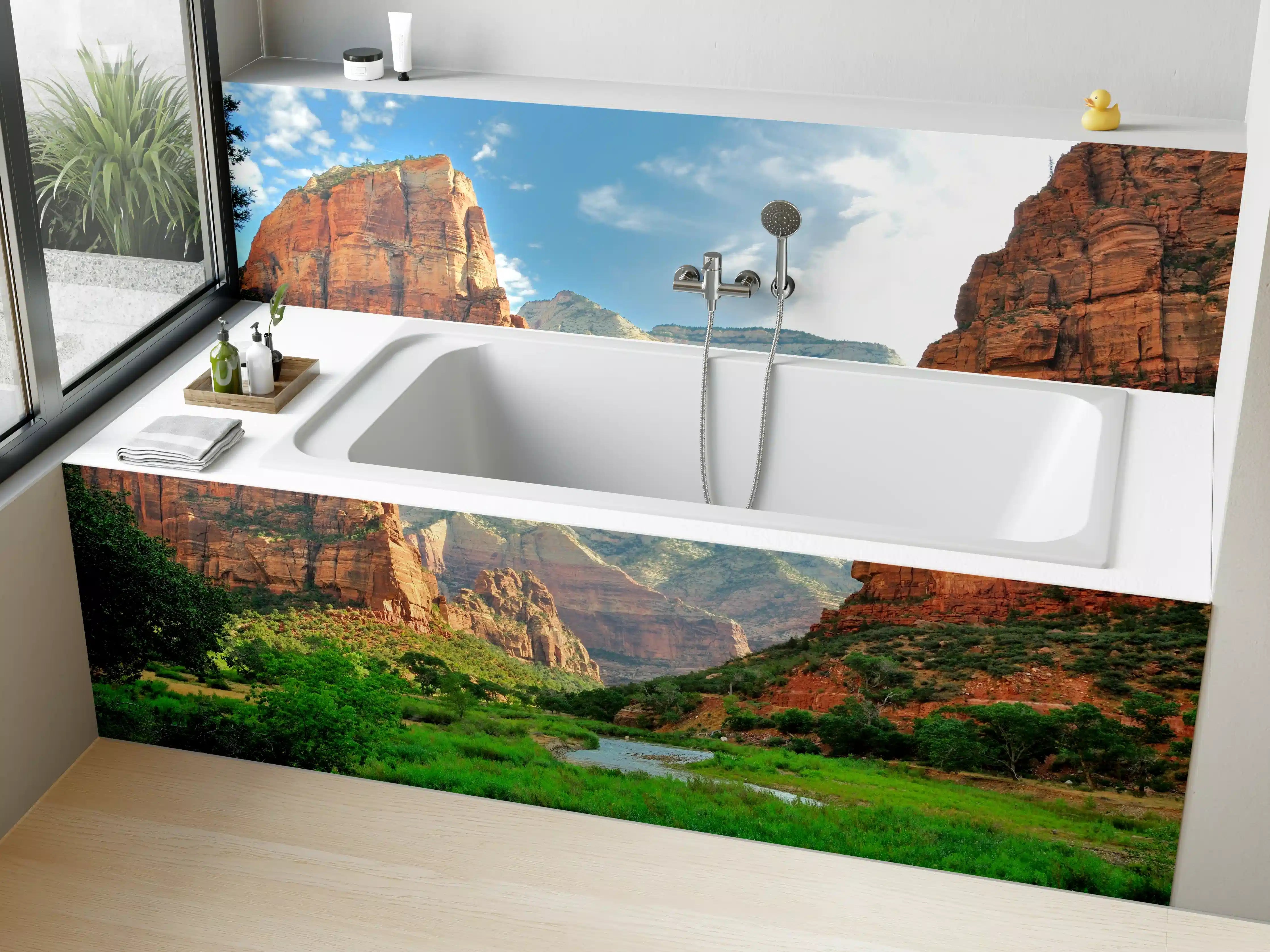 Badewannen-Rückwand - Grandiose Canyonlandschaft mit Fluss und Berggipfeln