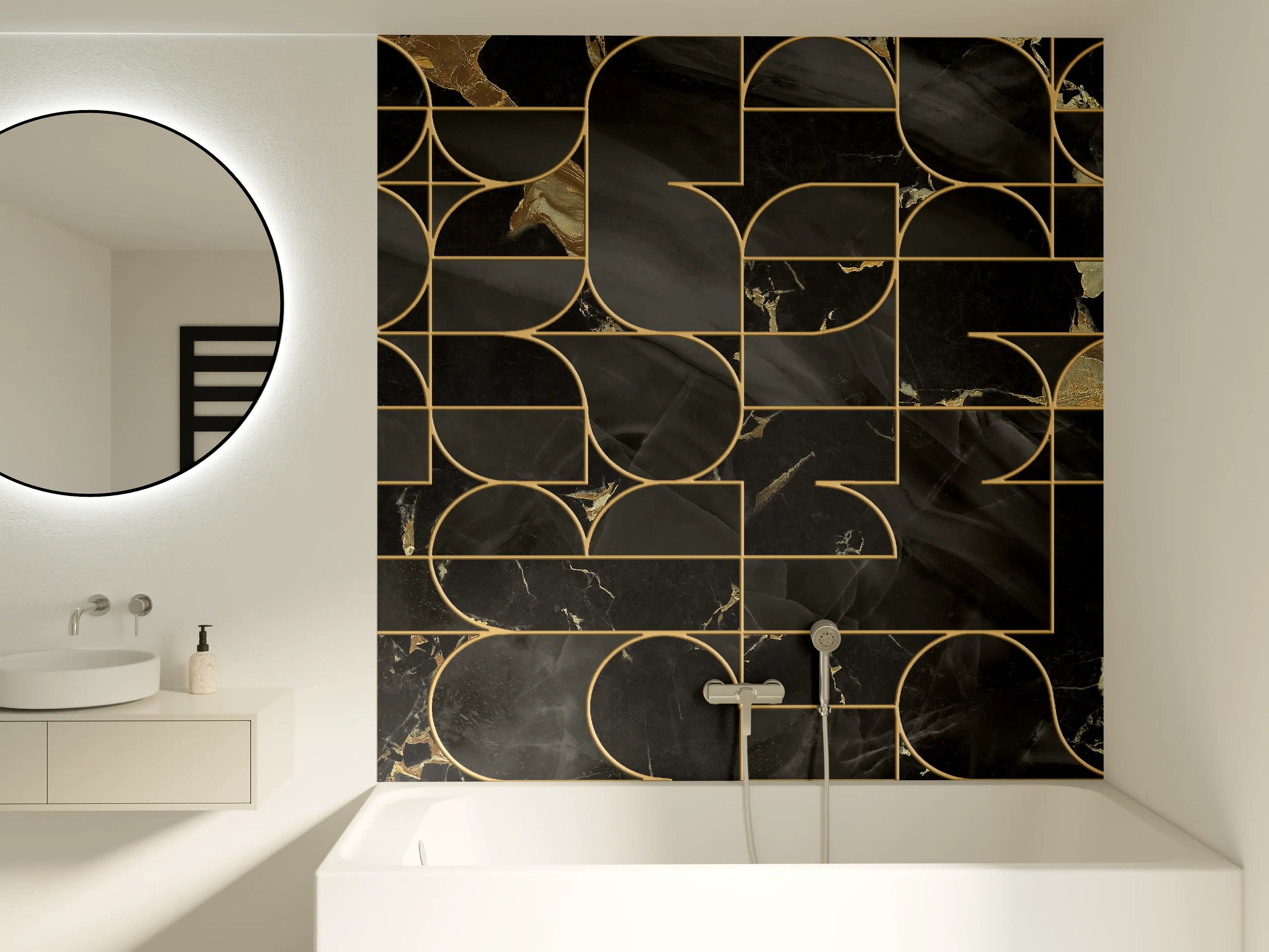 Badewannen-Rückwand - Graphit-Gold Marmor-Design
