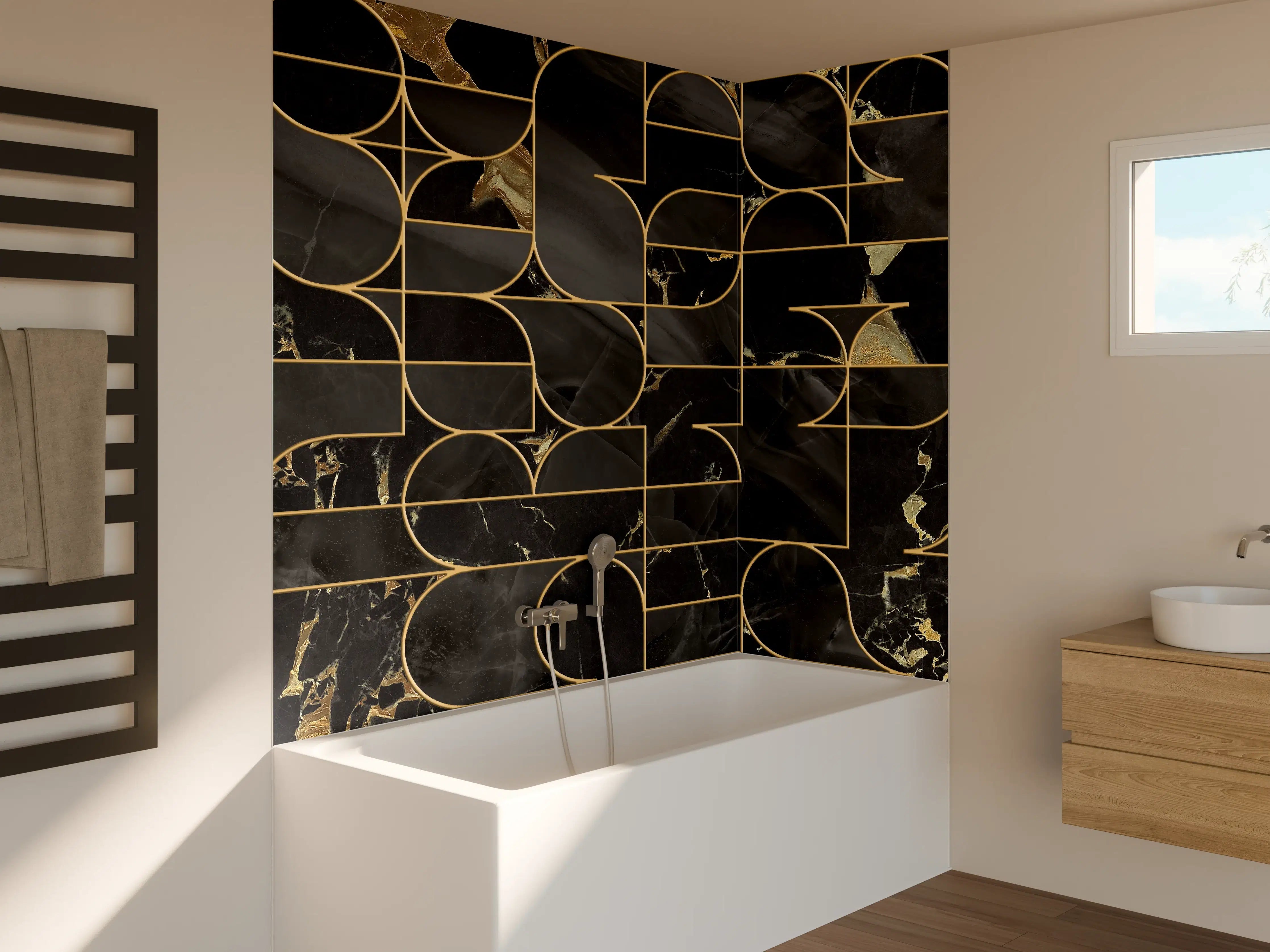 Badewannen-Rückwand - Graphit-Gold Marmor-Design