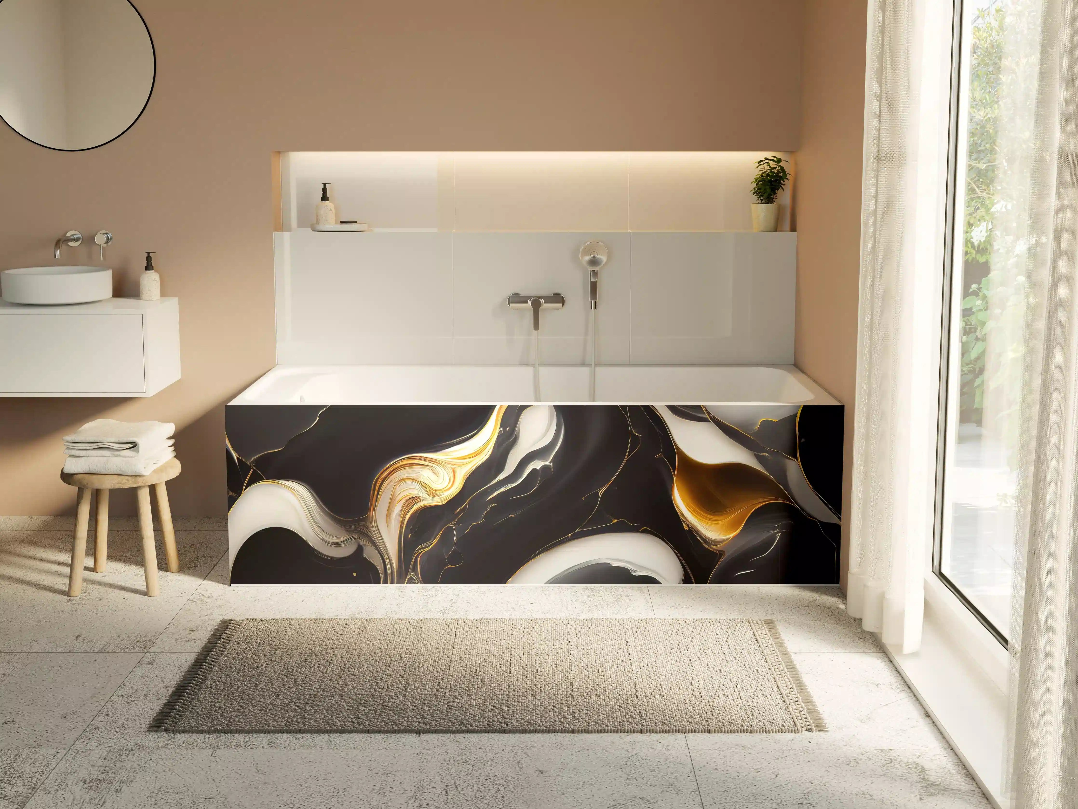 Badewannen-Rückwand - Grau-Schwarz Marmor mit goldenen Akzenten