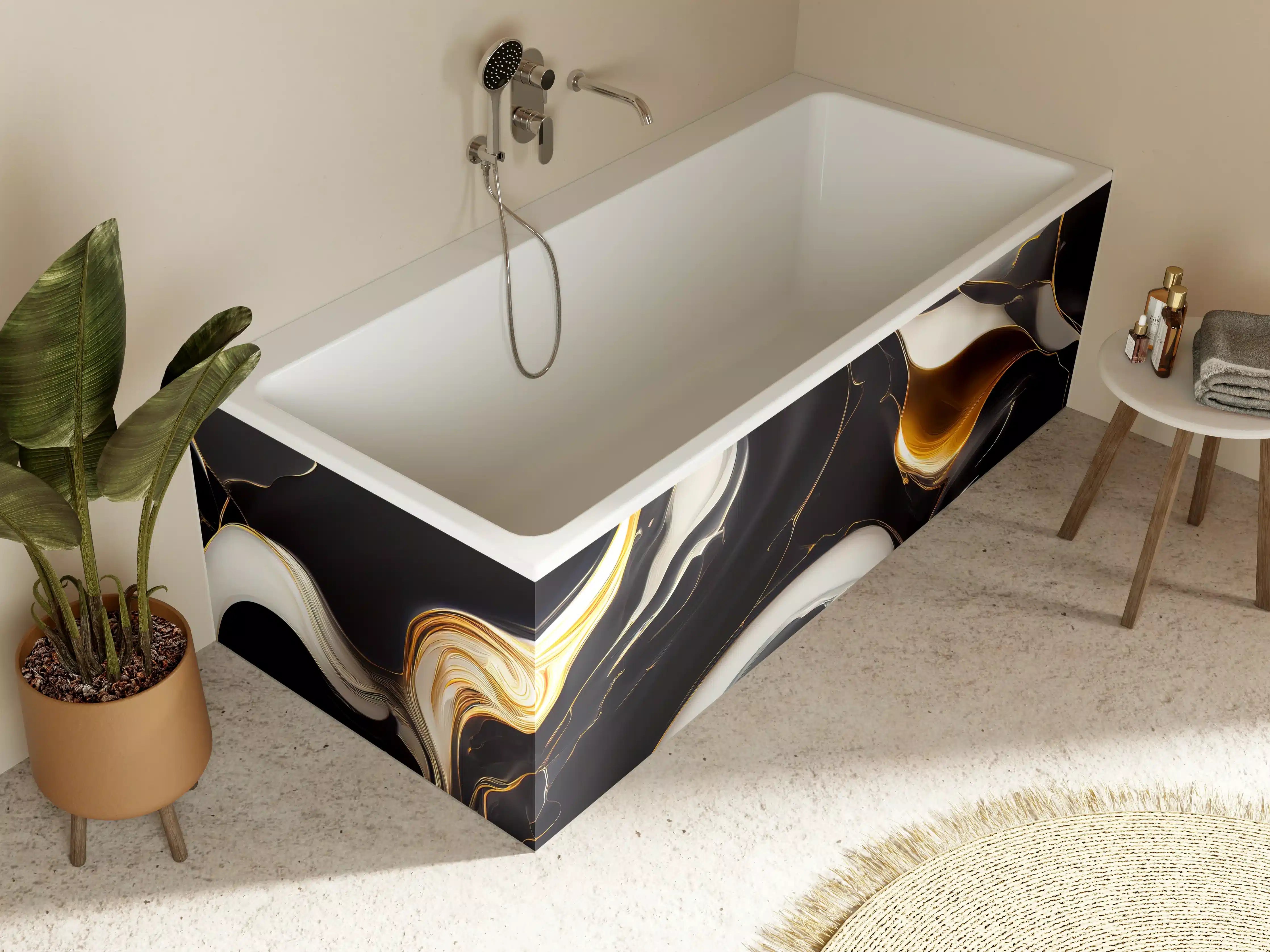 Badewannen-Rückwand - Grau-Schwarz Marmor mit goldenen Akzenten