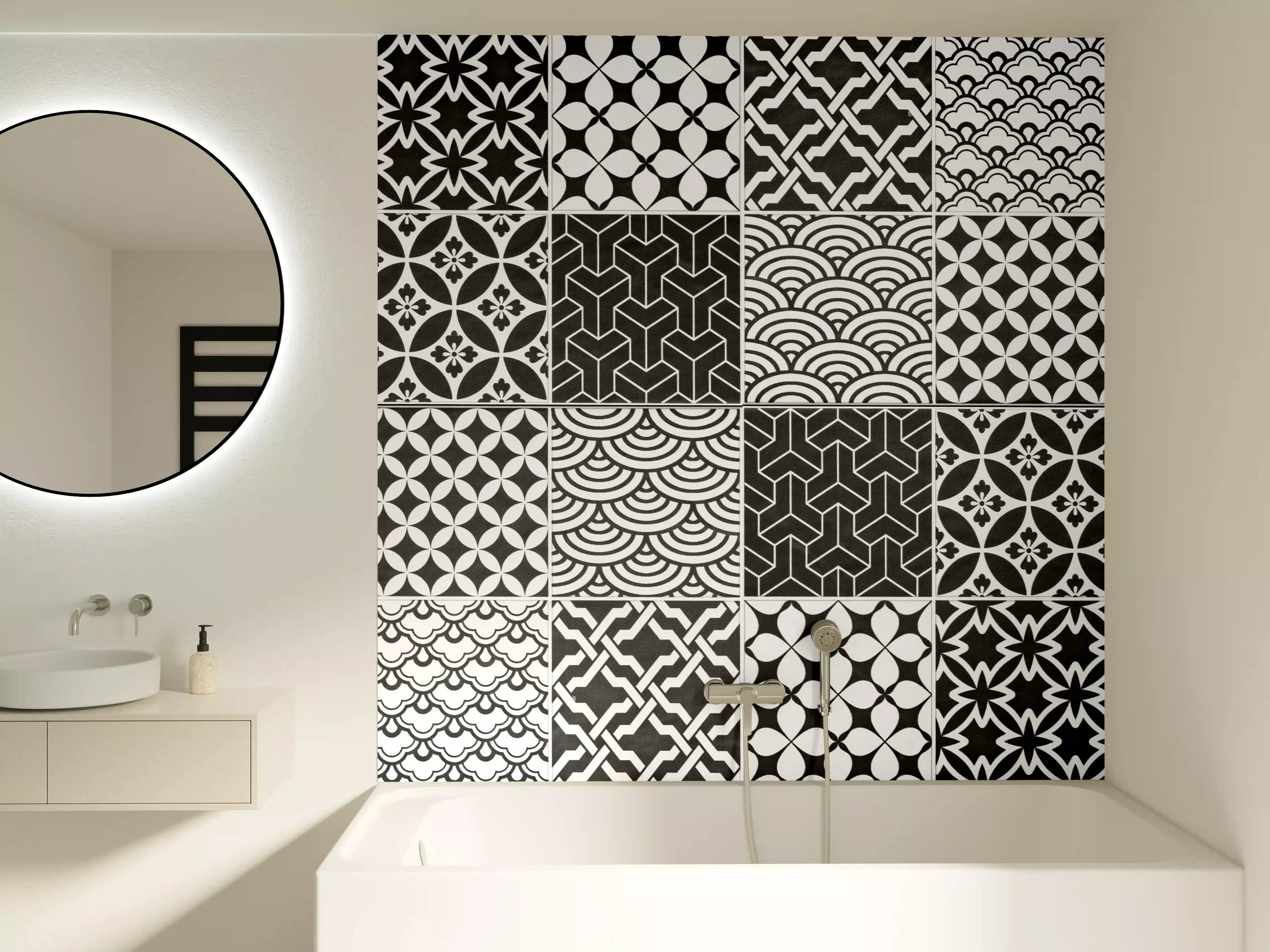 Badewannen-Rückwand - Grau-Weiß geometrisch Mosaik