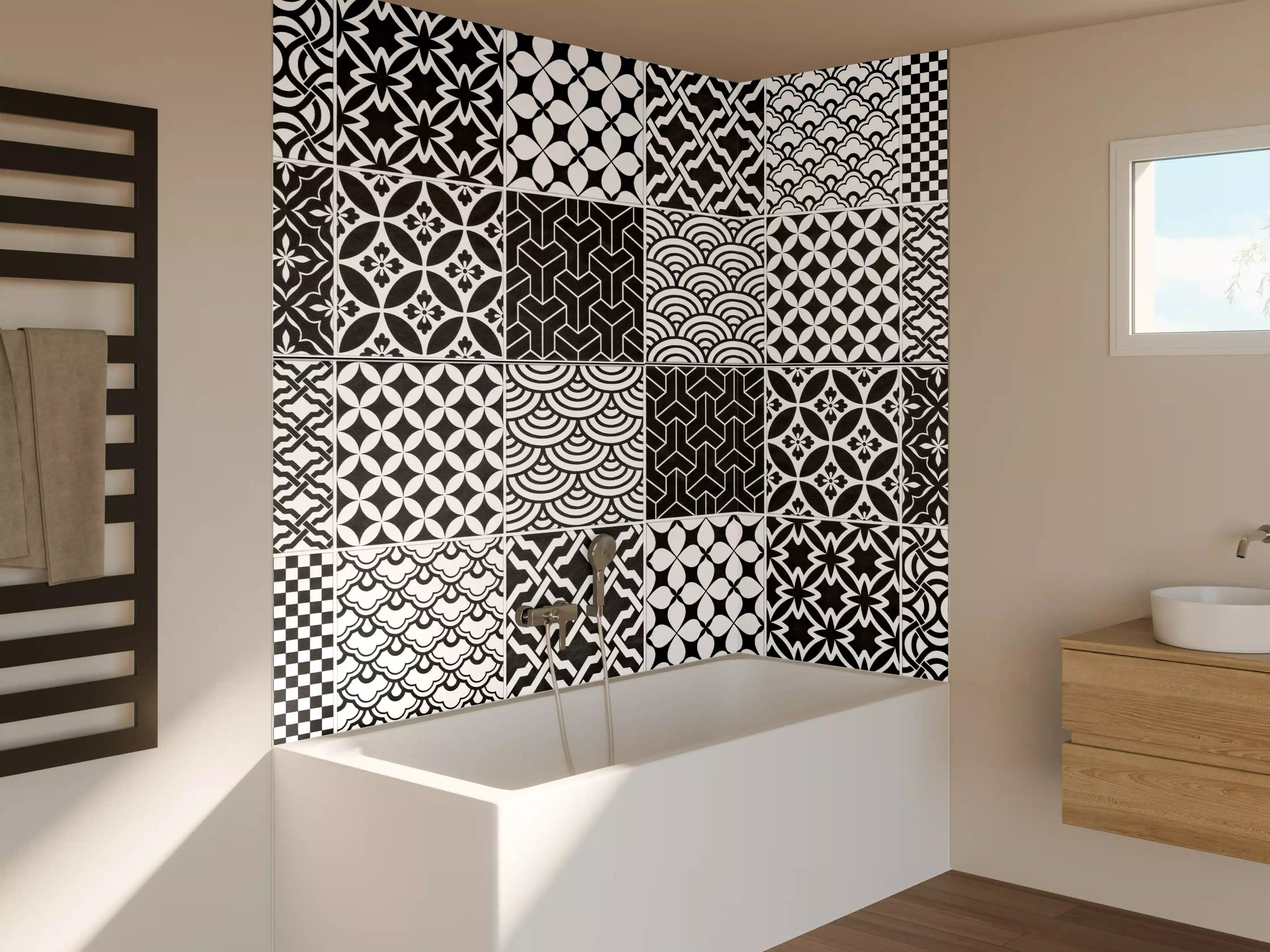 Badewannen-Rückwand - Grau-Weiß geometrisch Mosaik