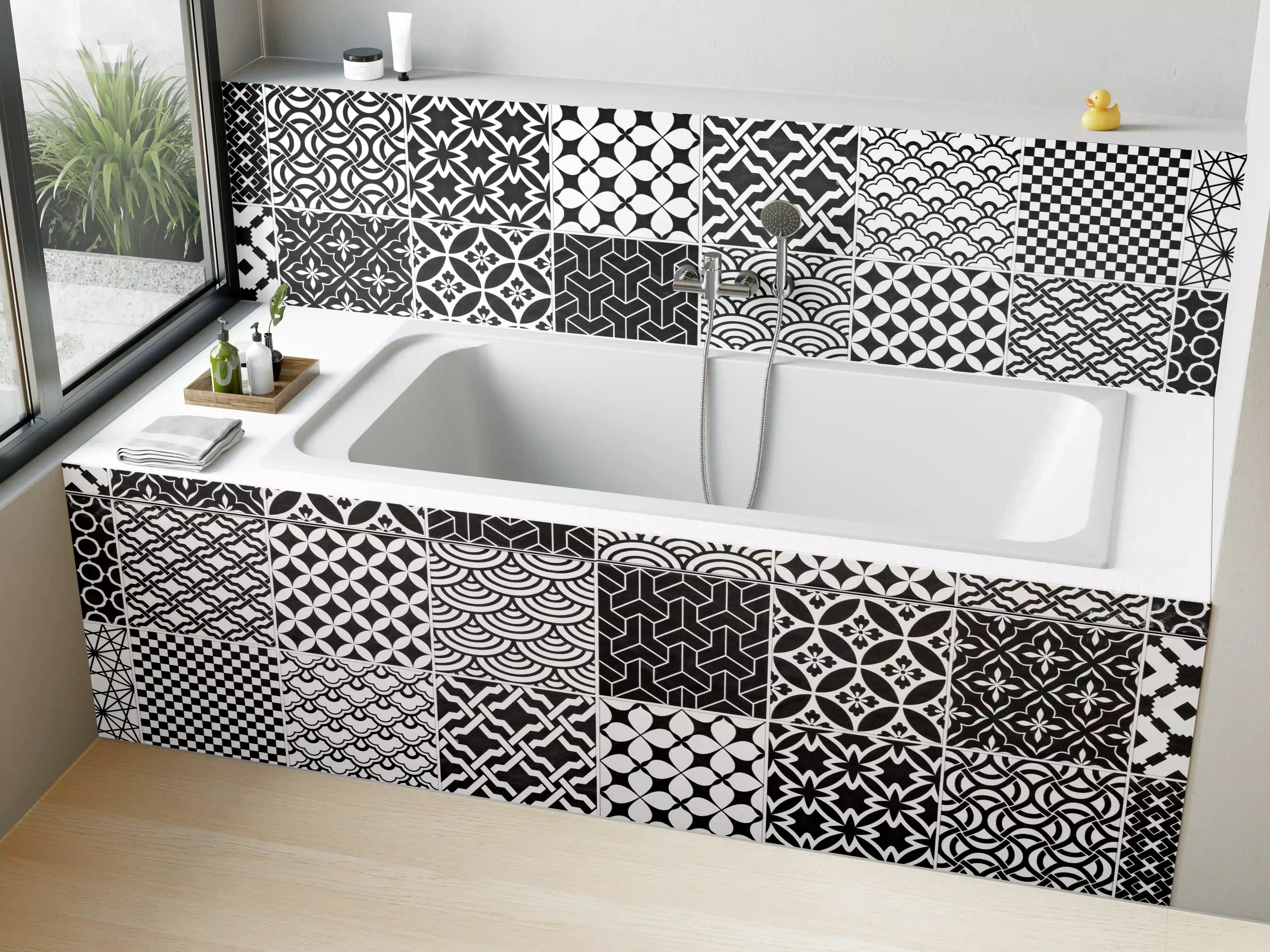 Badewannen-Rückwand - Grau-Weiß geometrisch Mosaik