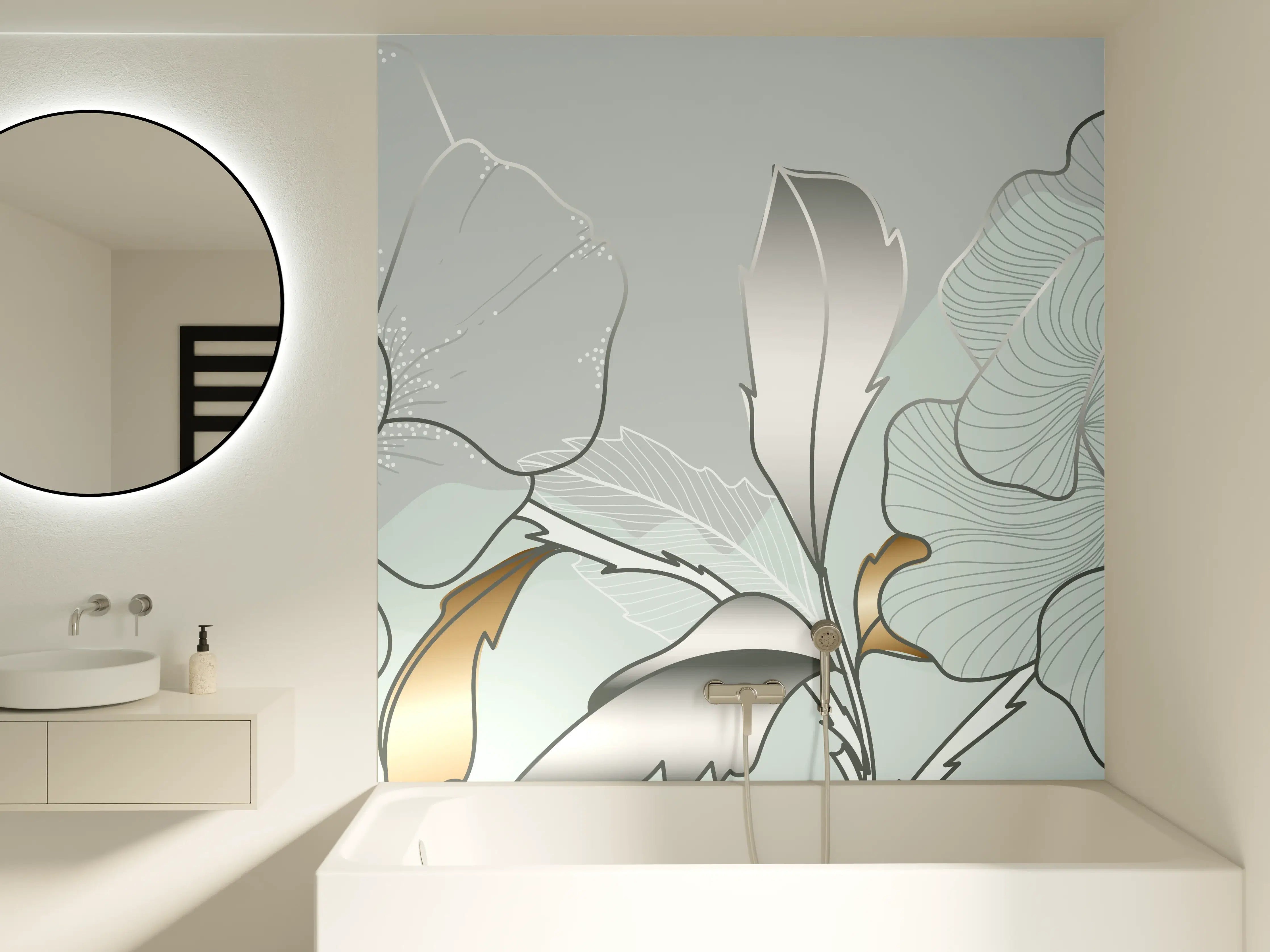 Badewannen-Rückwand - Grau-Weiße Blumenillustration