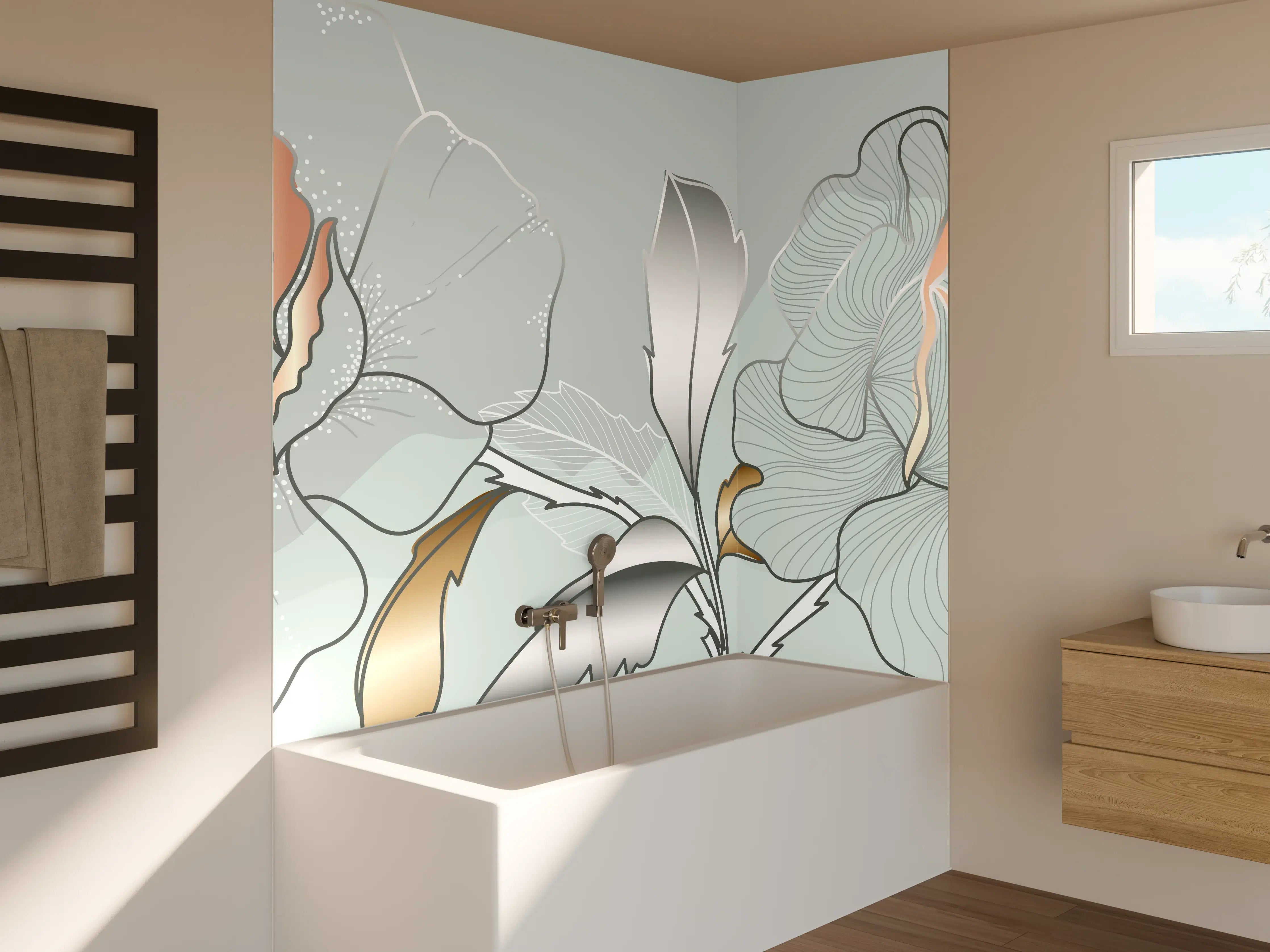 Badewannen-Rückwand - Grau-Weiße Blumenillustration