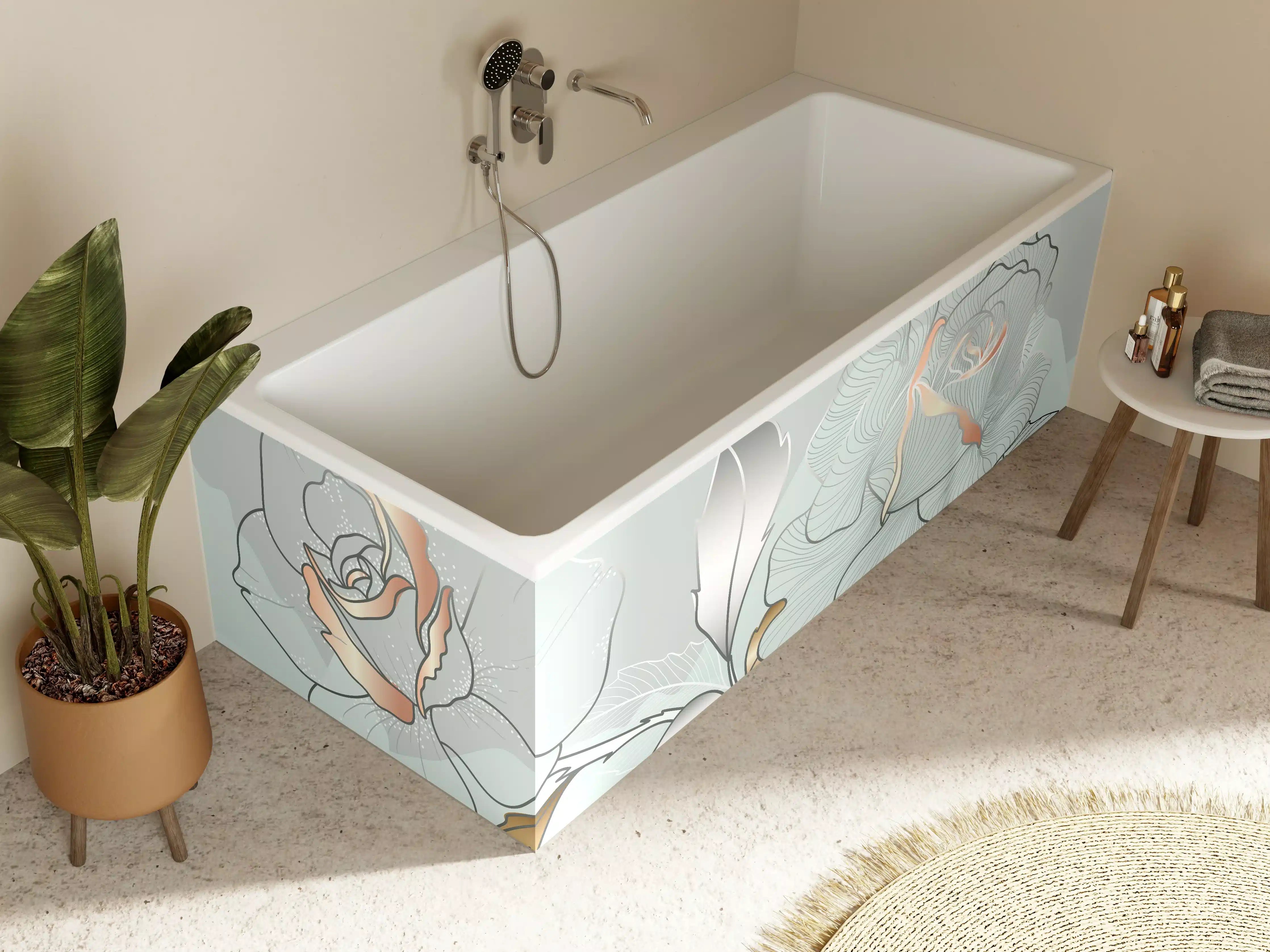 Badewannen-Rückwand - Grau-Weiße Blumenillustration