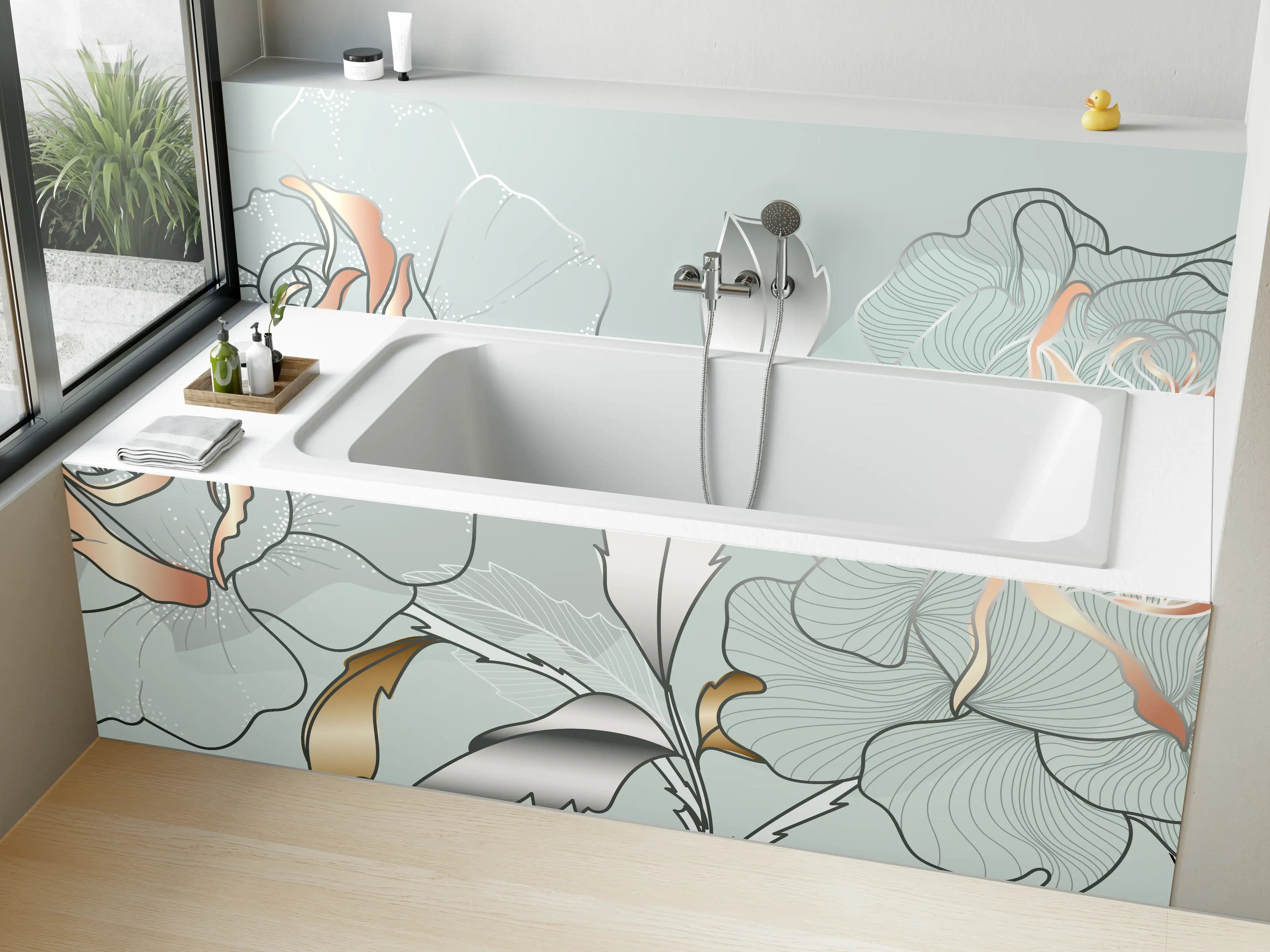 Badewannen-Rückwand - Grau-Weiße Blumenillustration