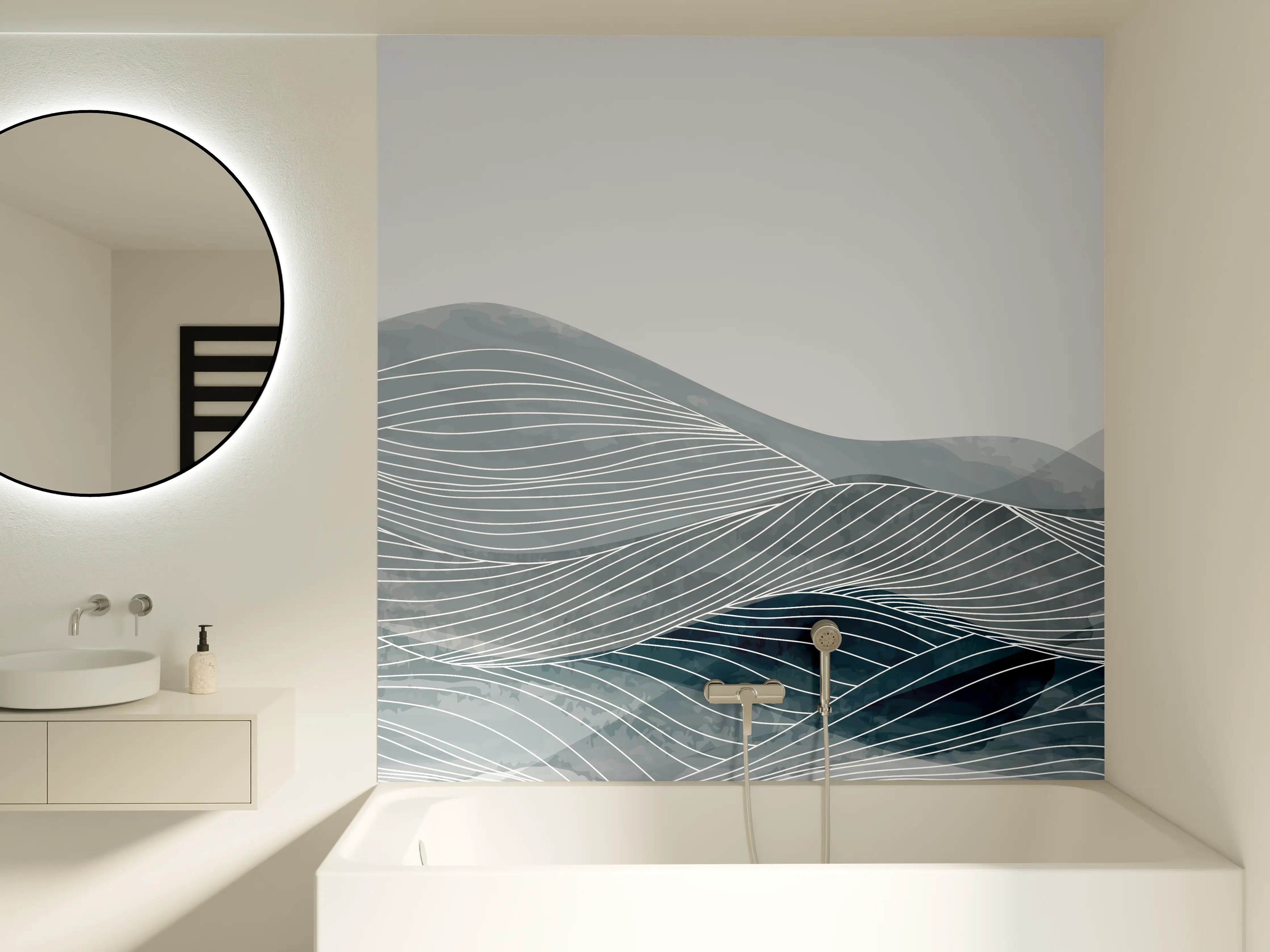 Badewannen-Rückwand - Grau-Weiße Wellenlinien Kunst