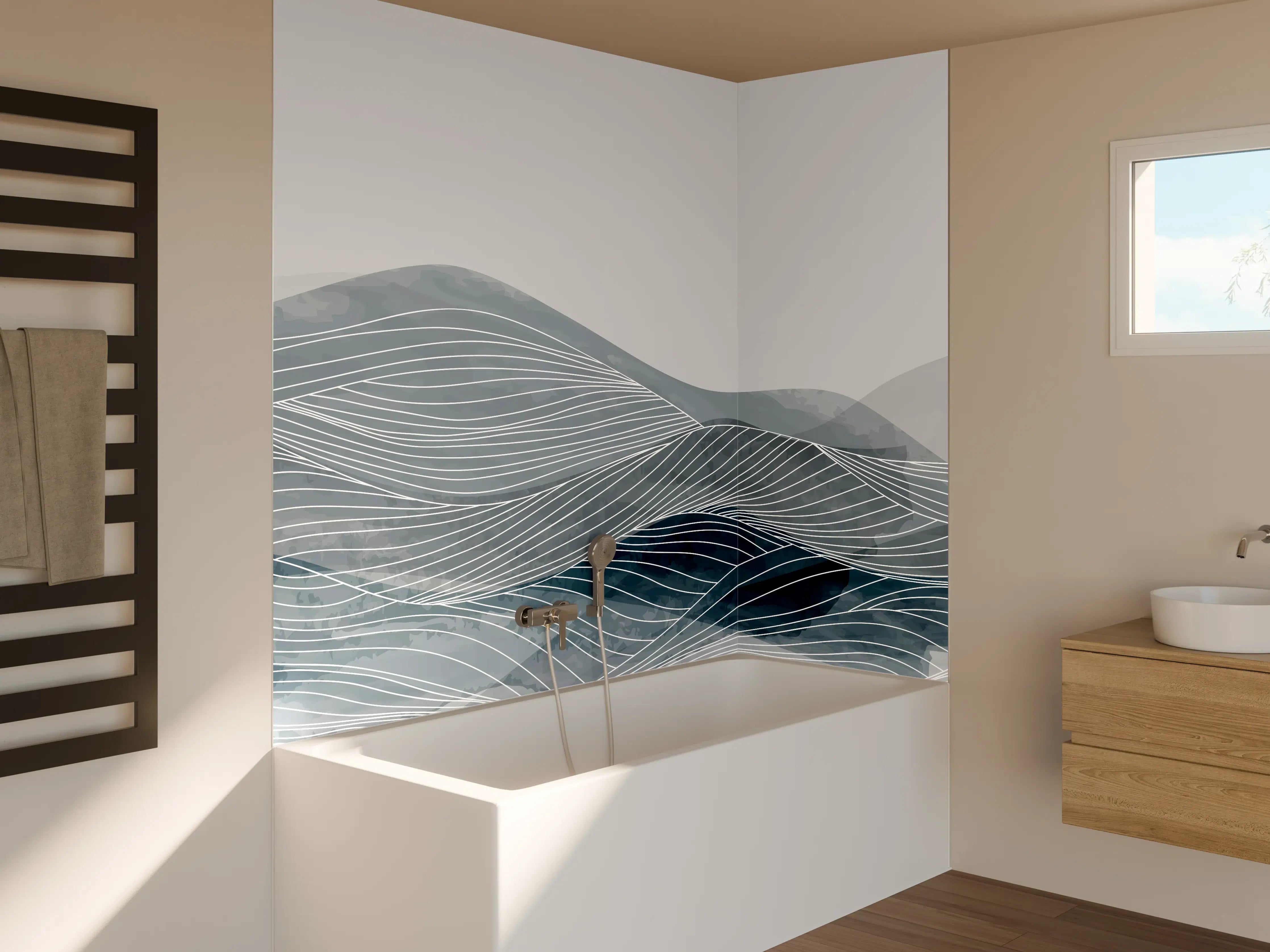 Badewannen-Rückwand - Grau-Weiße Wellenlinien Kunst