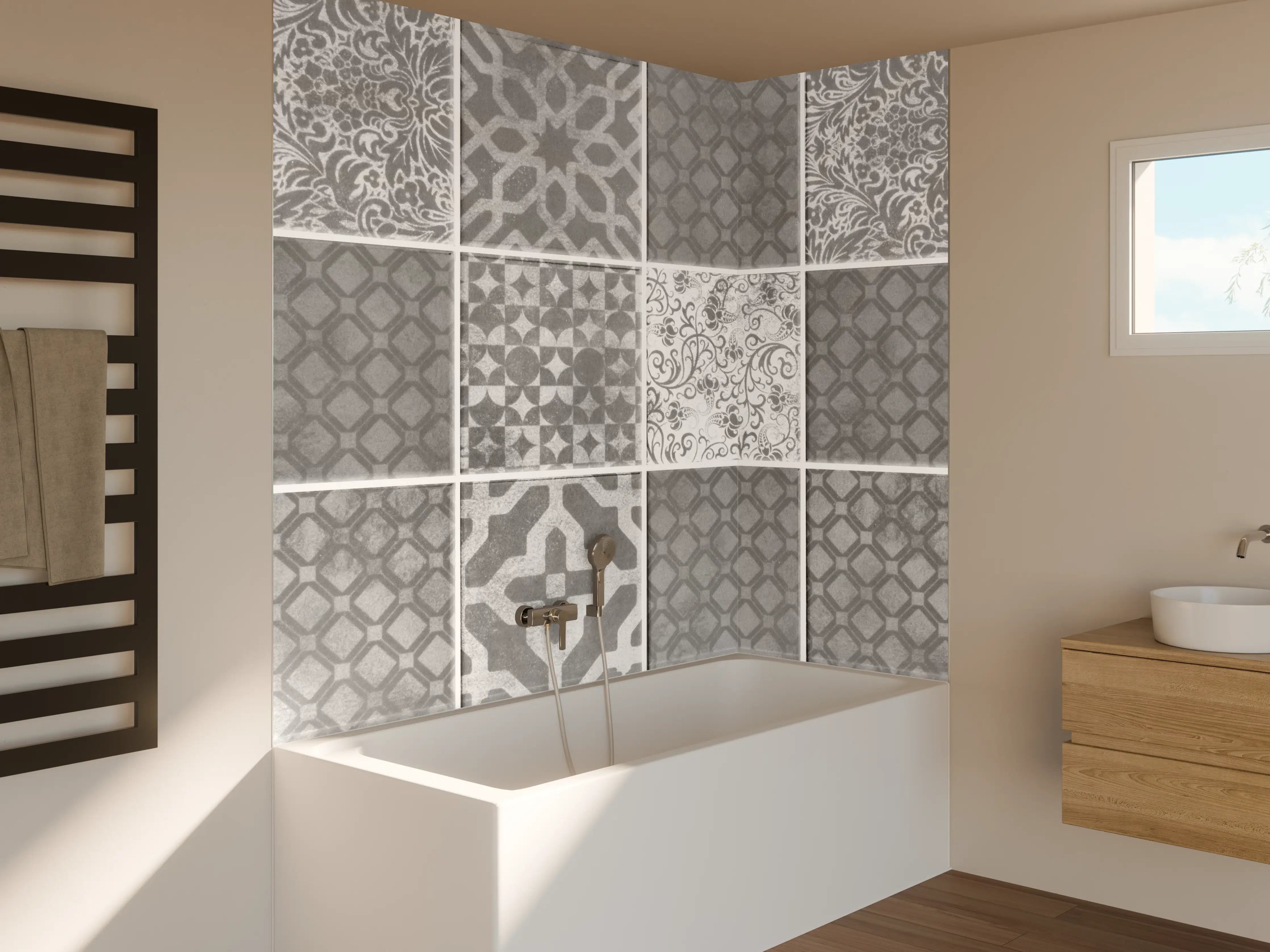 Badewannen-Rückwand - Grau weiße Vintage Mosaik Textur