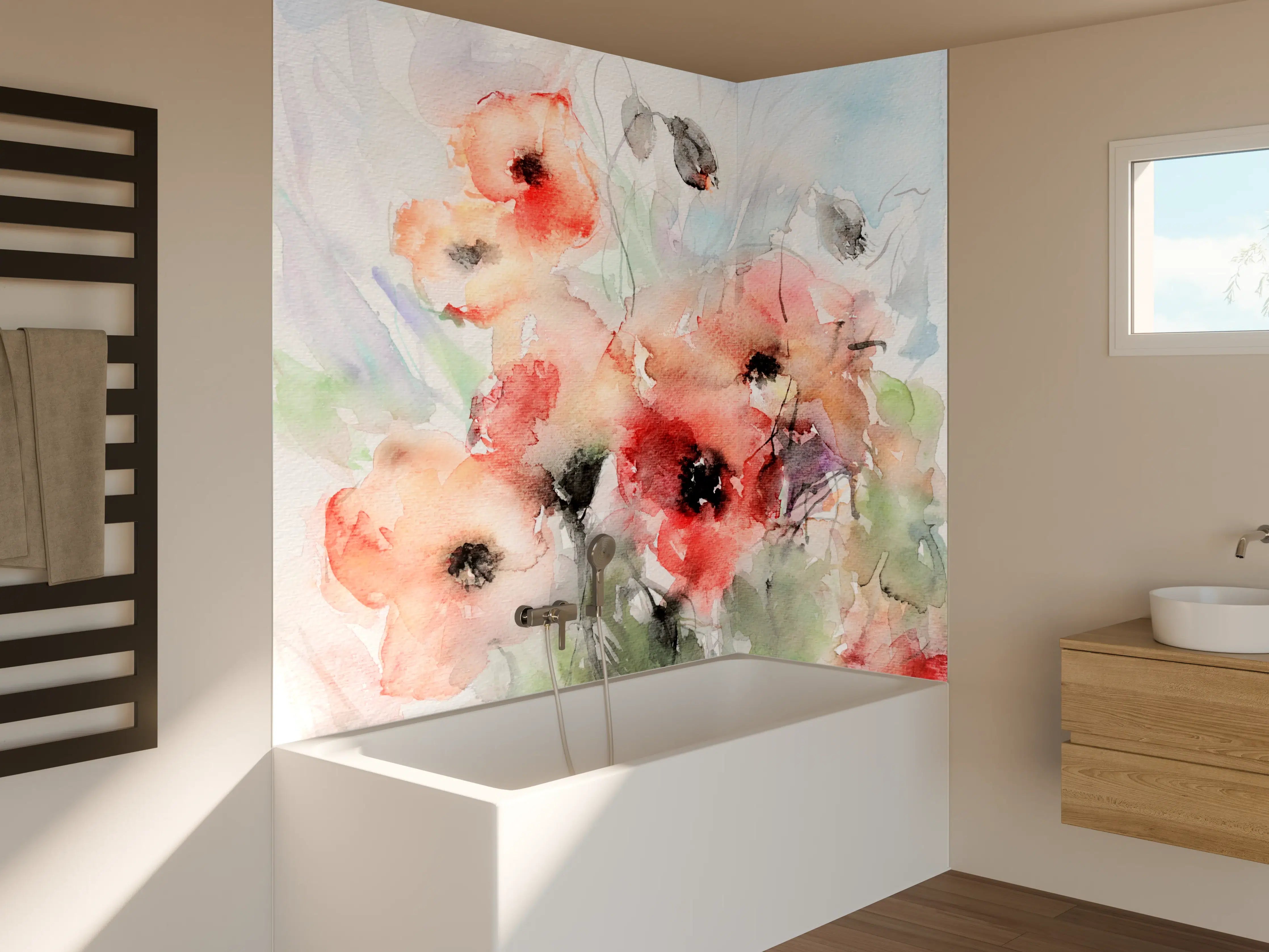 Badewannen-Rückwand - Graue Aquarellblumen in Pastell