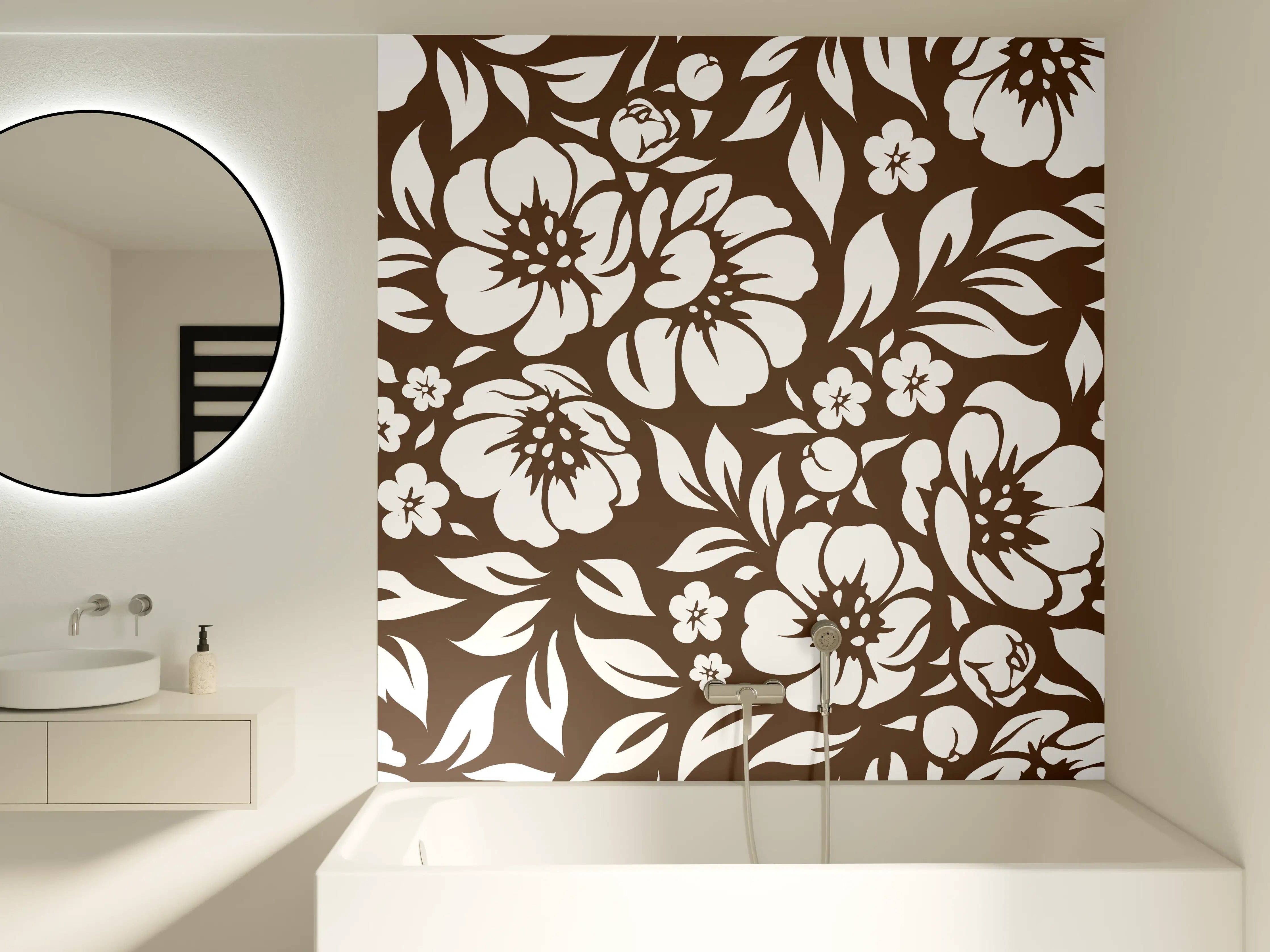 Badewannen-Rückwand - Graue Blüten in Weiß