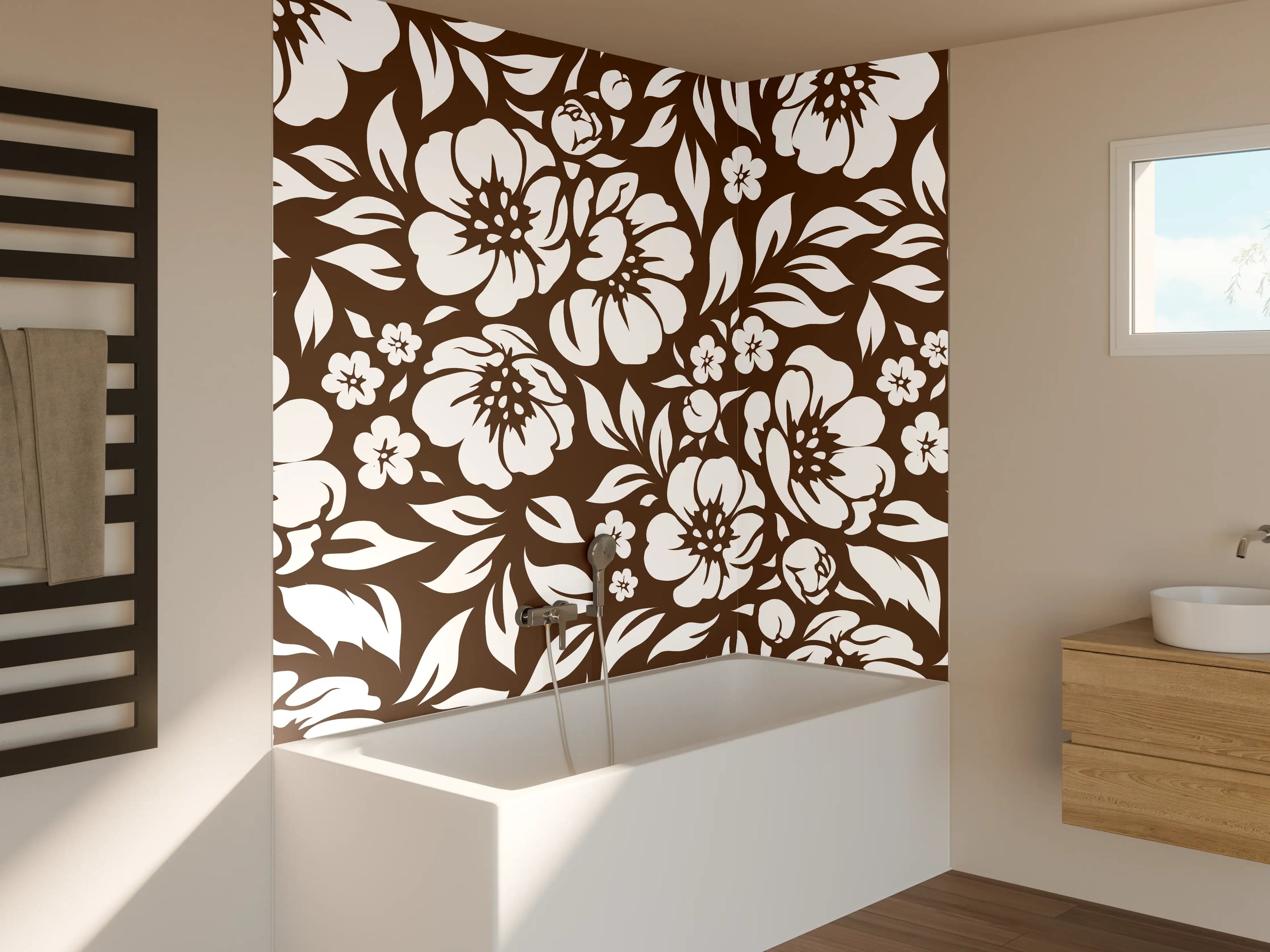 Badewannen-Rückwand - Graue Blüten in Weiß